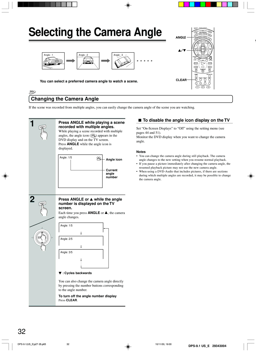 Integra DPS-9.1 Selecting the Camera Angle, Changing the Camera Angle, To disable the angle icon display on the TV 