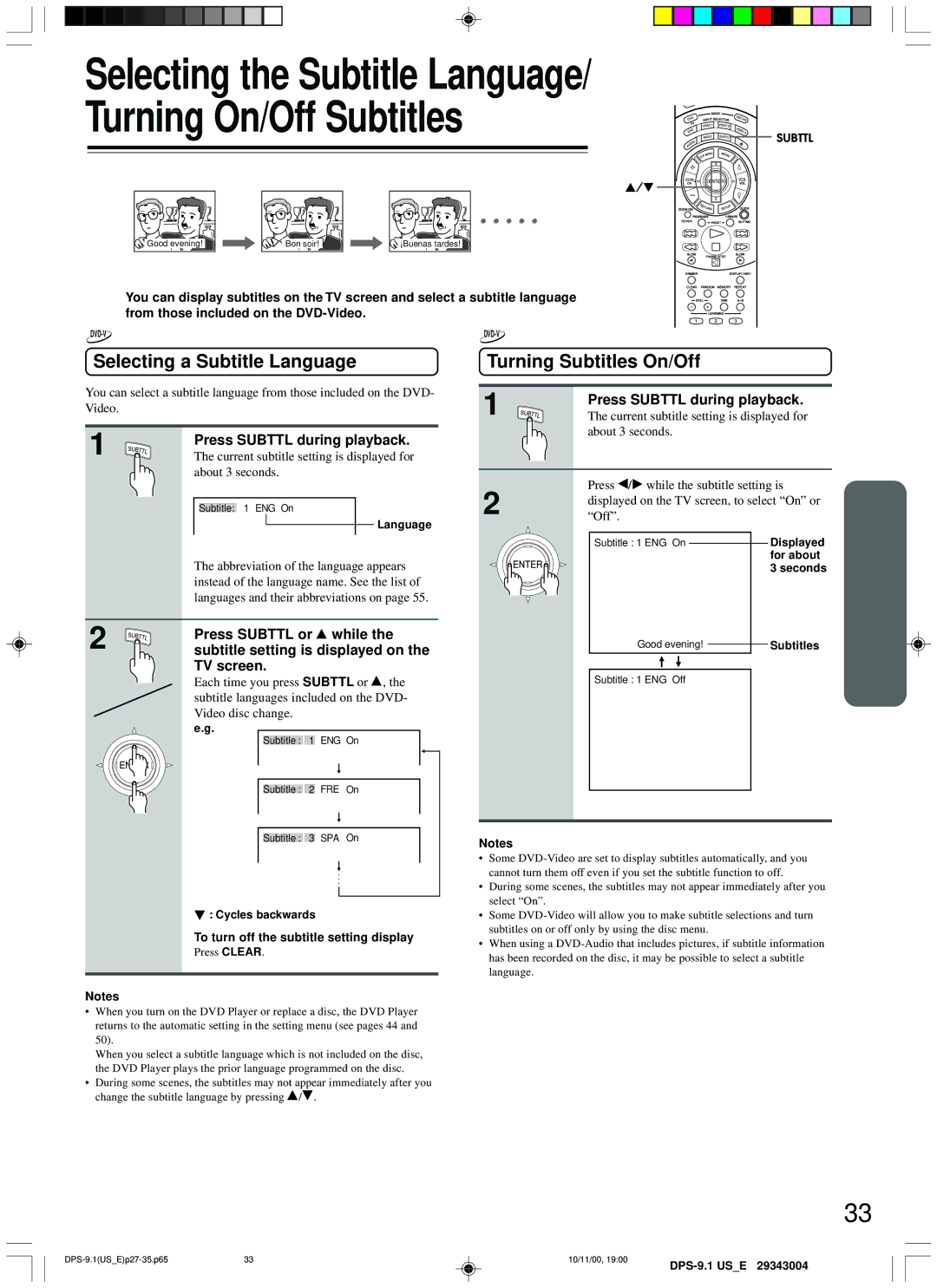 Integra DPS-9.1 instruction manual Selecting a Subtitle Language, Turning Subtitles On/Off, Press Subttl during playback 