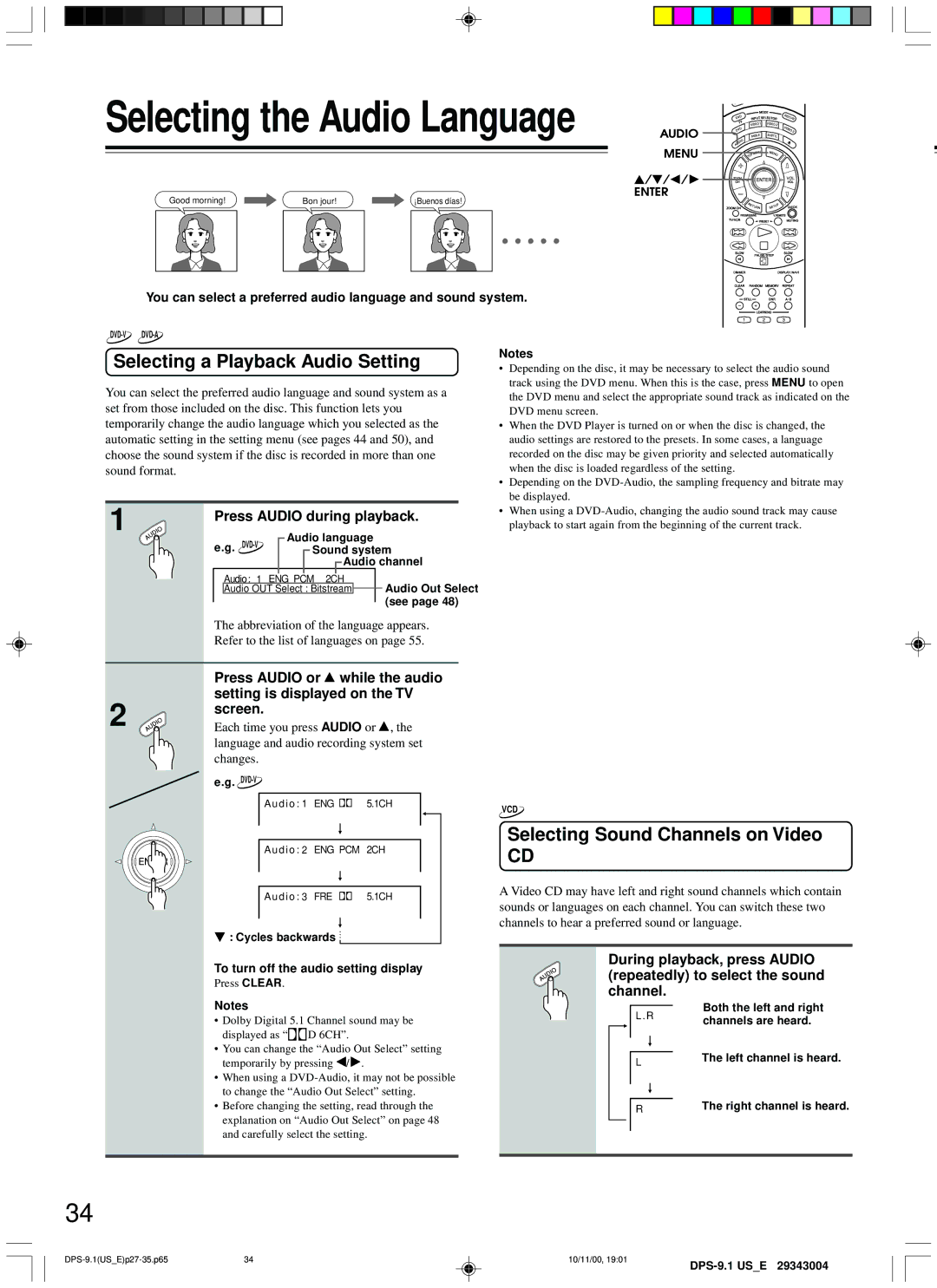 Integra DPS-9.1 Selecting the Audio Language, Selecting a Playback Audio Setting, Selecting Sound Channels on Video 