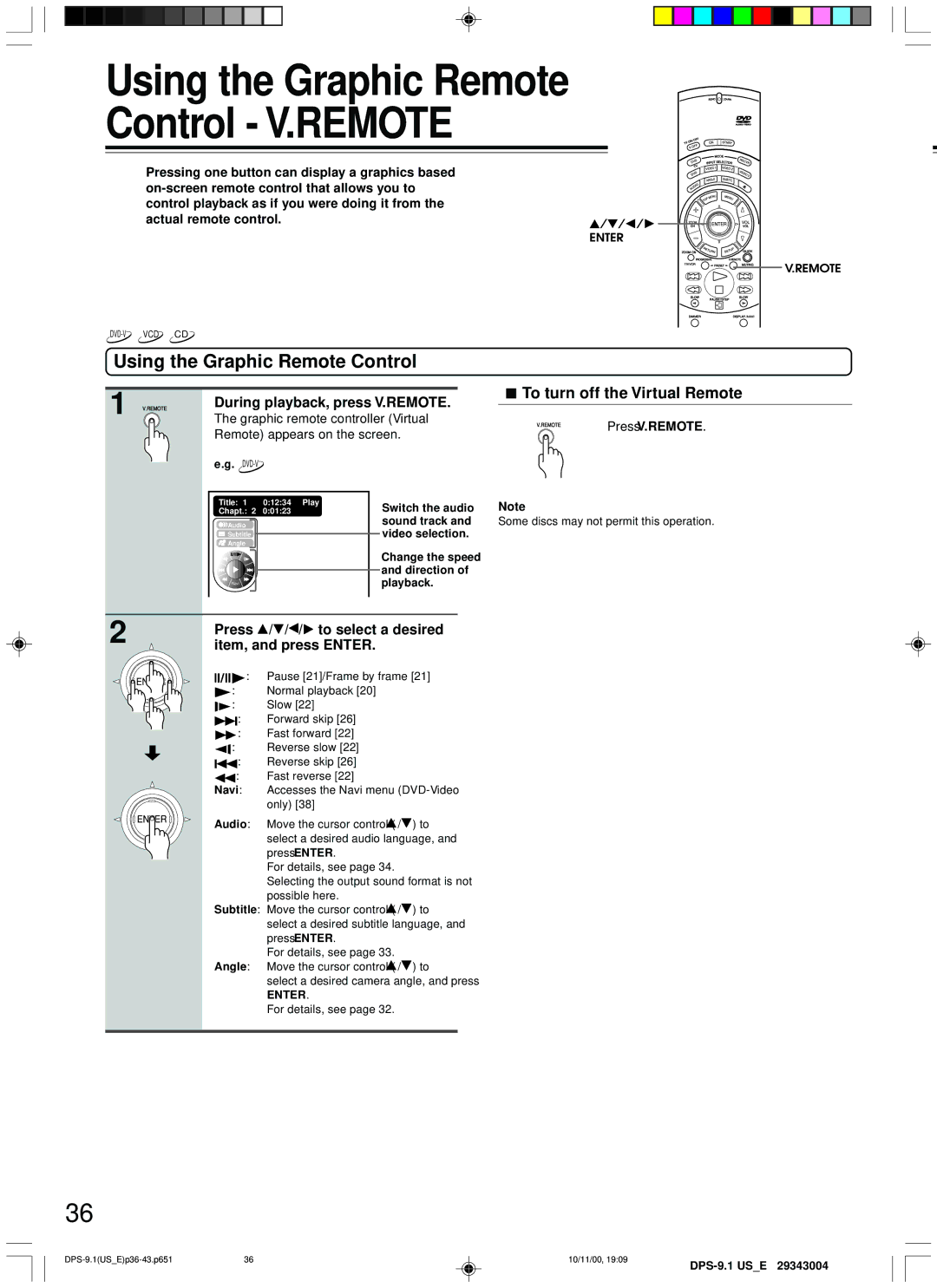 Integra DPS-9.1 Using the Graphic Remote Control V.REMOTE, Press To select a desired Item, and press Enter, Press V.REMOTE 