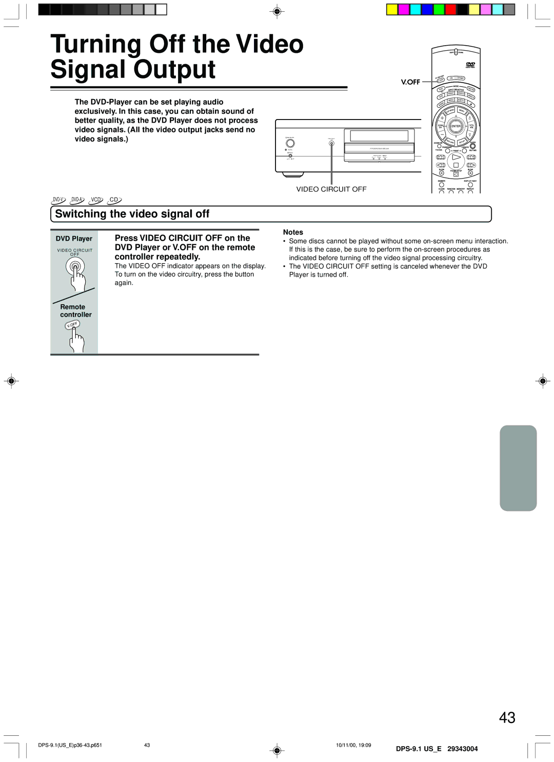 Integra DPS-9.1 instruction manual Turning Off the Video Signal Output, Switching the video signal off, DVD Player 