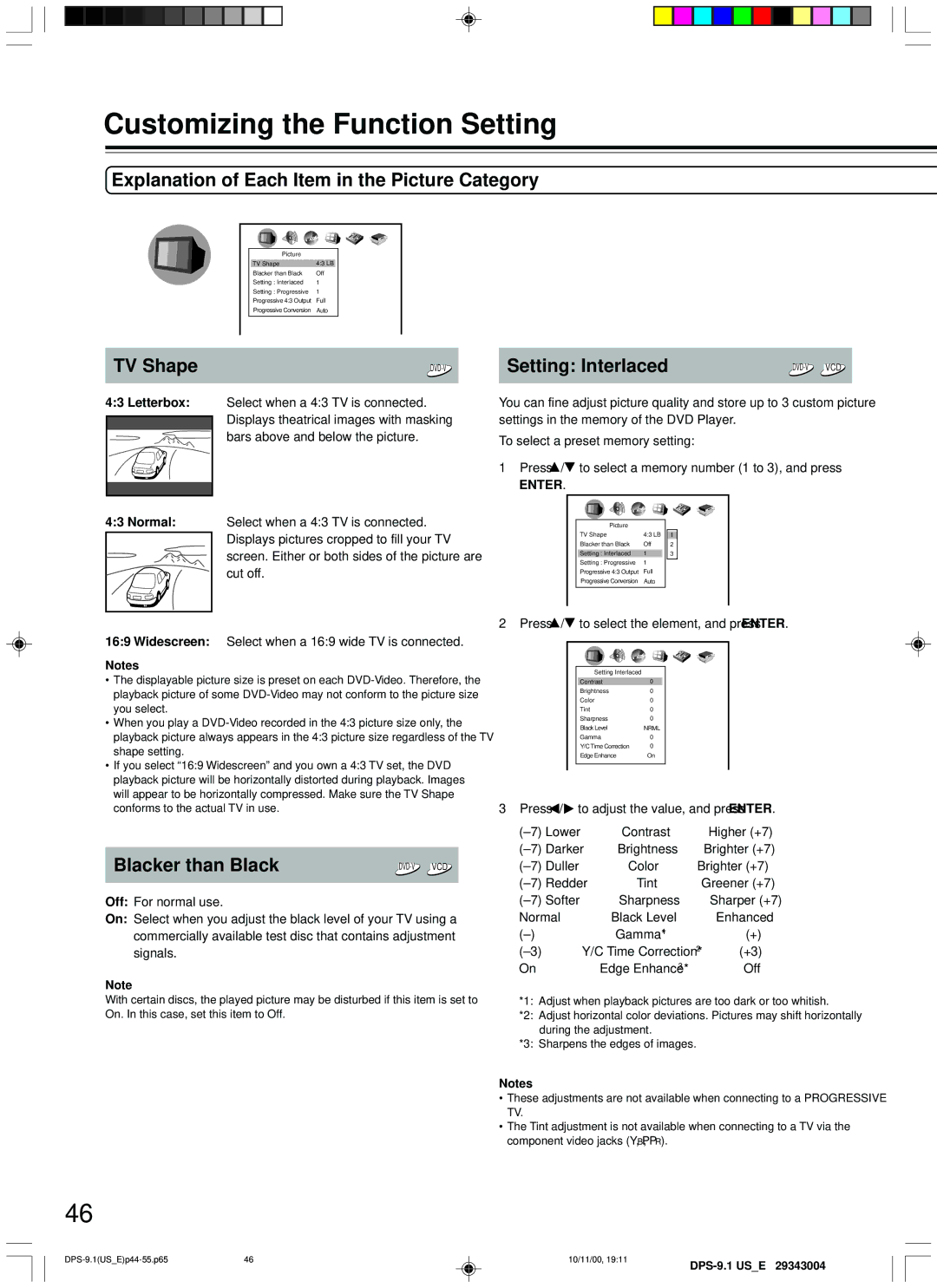 Integra DPS-9.1 Explanation of Each Item in the Picture Category, TV Shape, Setting Interlaced, Blacker than Black 