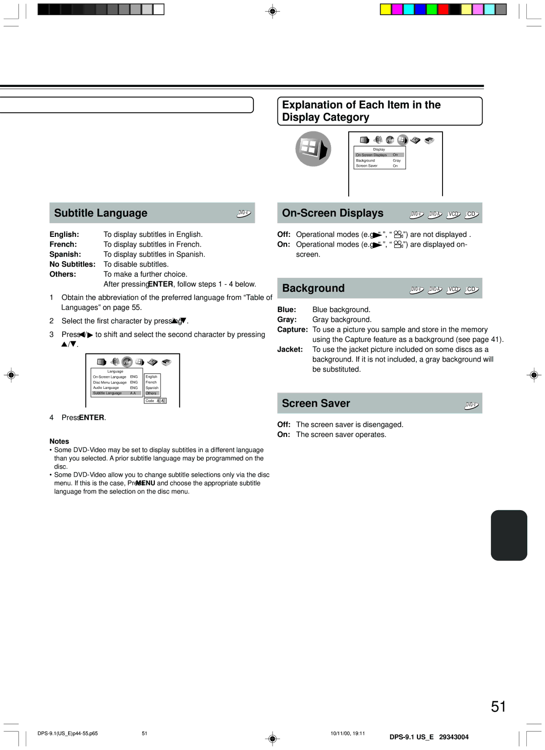 Integra DPS-9.1 Subtitle Language, Explanation of Each Item in the Display Category, On-Screen Displays, Background 