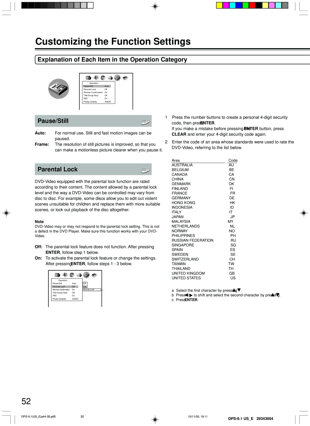 Integra DPS-9.1 instruction manual Explanation of Each Item in the Operation Category, Pause/Still, Parental Lock 