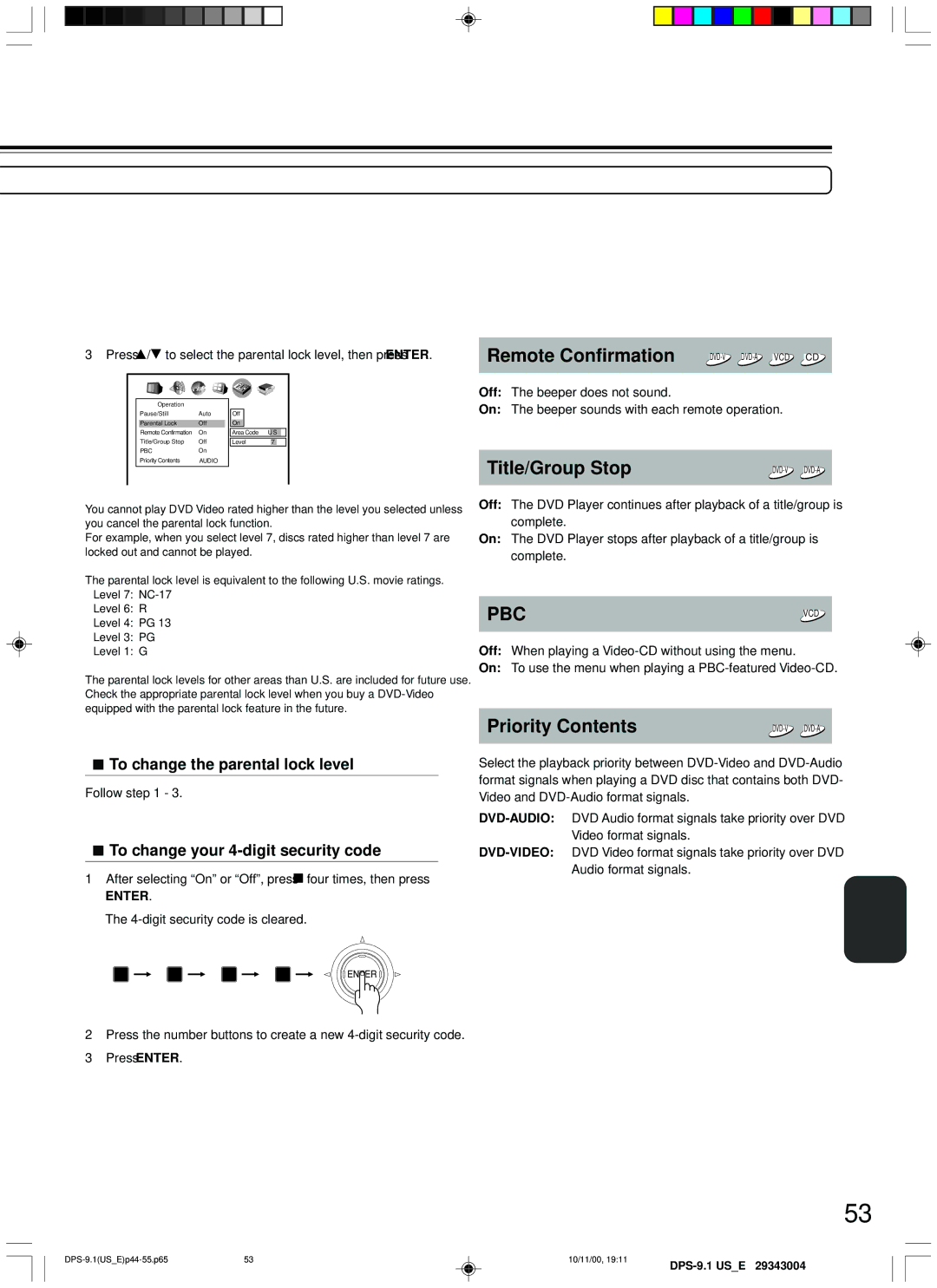 Integra DPS-9.1 instruction manual Remote Confirmation, Title/Group Stop, Priority Contents 