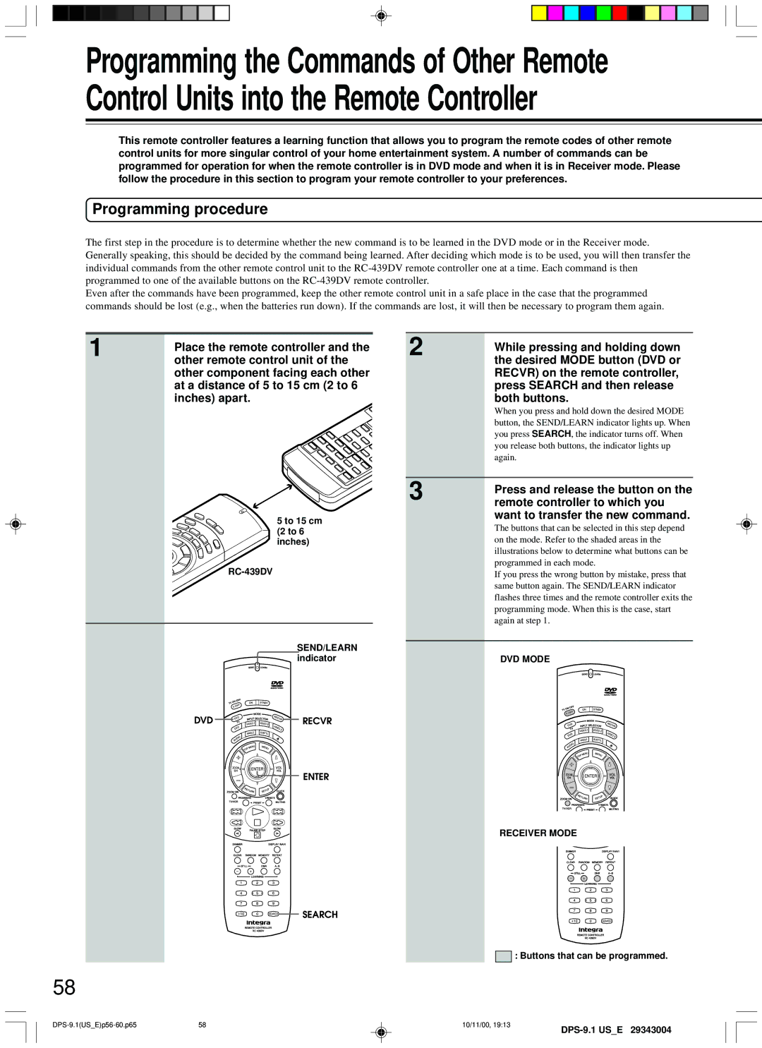 Integra DPS-9.1 instruction manual Programming procedure, To 15 cm 2 to 6 inches RC-439DV SEND/LEARN indicator 