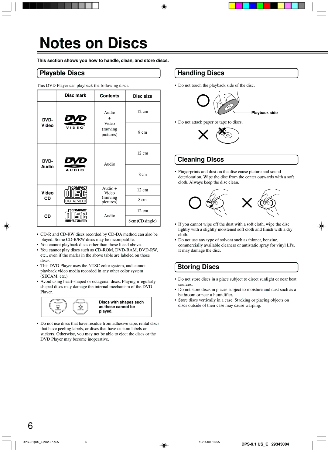 Integra DPS-9.1 instruction manual Playable Discs, Handling Discs, Cleaning Discs, Storing Discs 