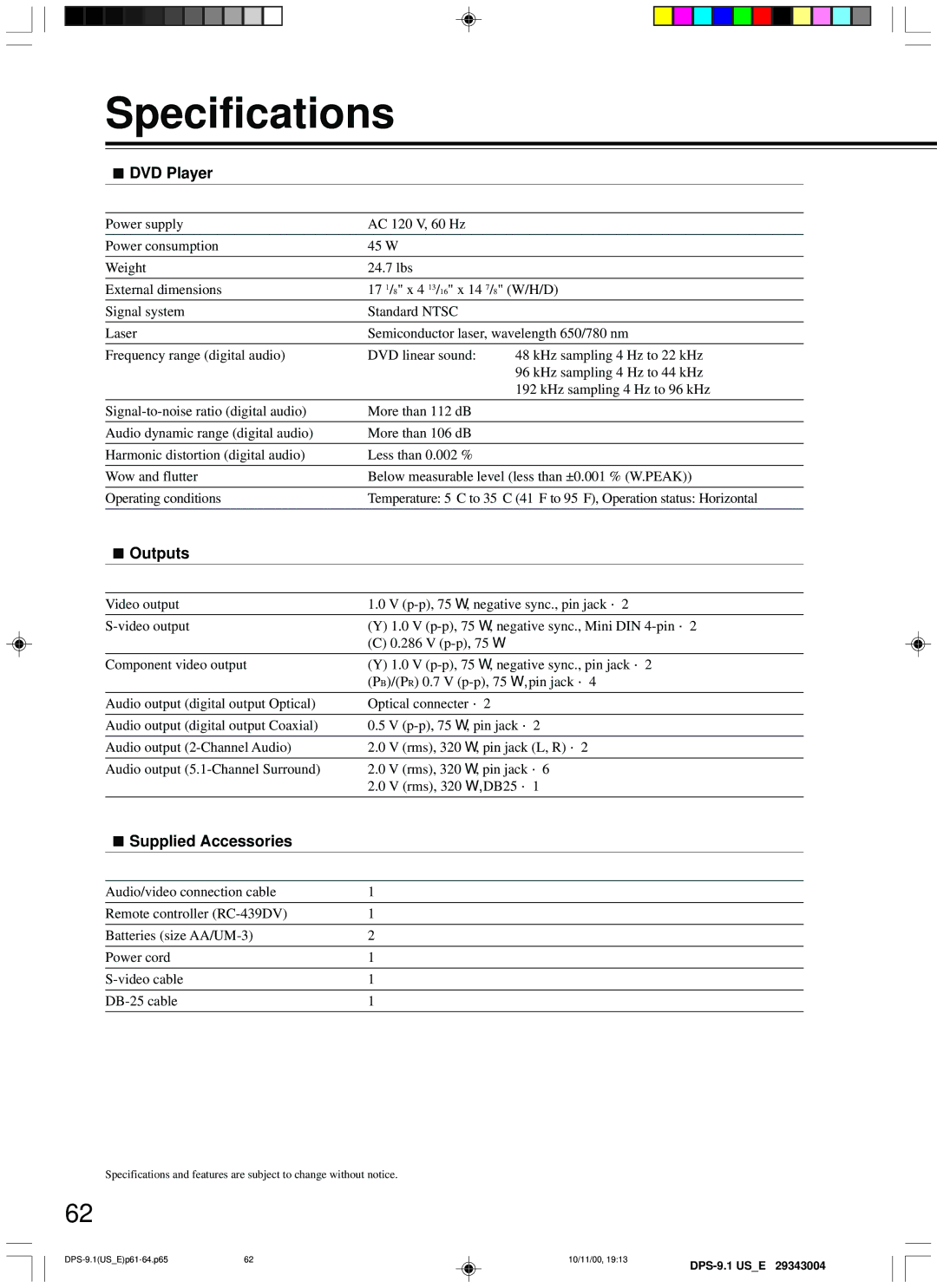 Integra DPS-9.1 instruction manual Specifications, DVD Player, Outputs, Supplied Accessories 