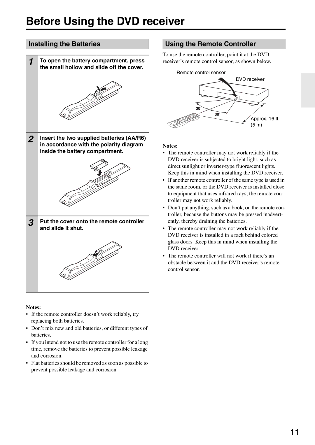 Integra DSR-4.8 instruction manual Before Using the DVD receiver, Installing the Batteries, Using the Remote Controller 