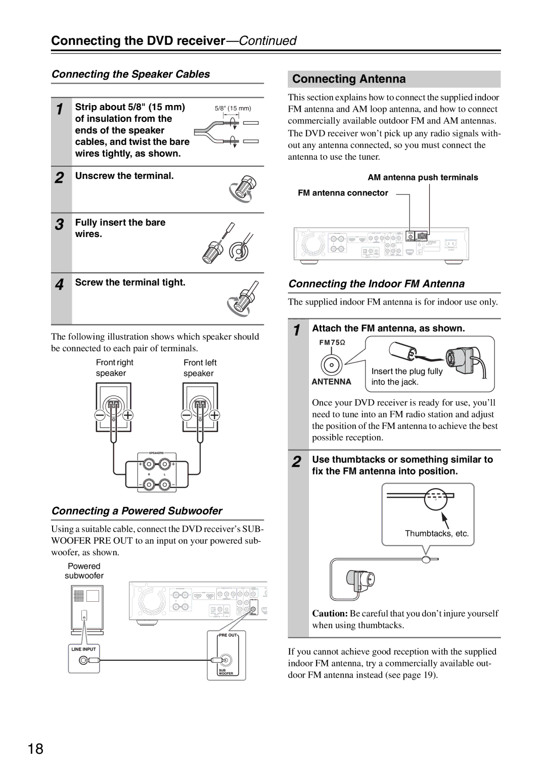 Integra DSR-4.8 instruction manual Connecting the DVD receiver, Connecting Antenna, Connecting the Speaker Cables 