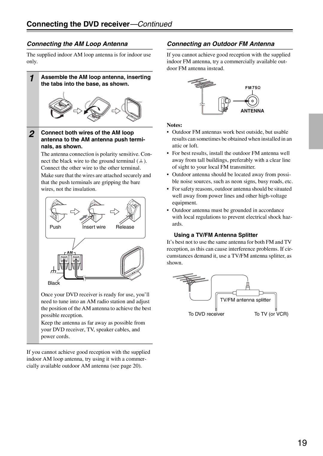 Integra DSR-4.8 Connecting the AM Loop Antenna, Connecting an Outdoor FM Antenna, Using a TV/FM Antenna Splitter 