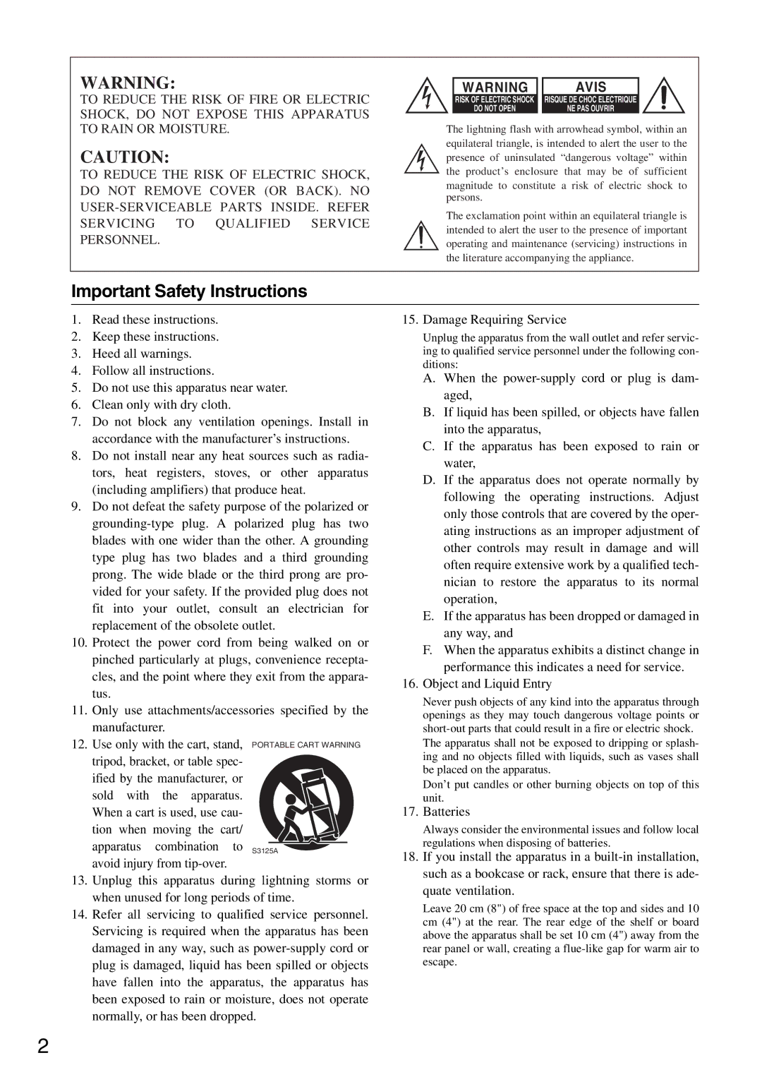 Integra DSR-4.8 instruction manual Important Safety Instructions, Batteries 