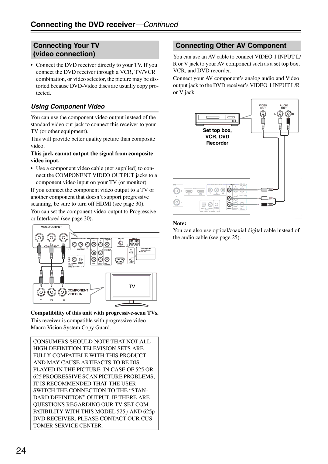 Integra DSR-4.8 Connecting Your TV video connection, Connecting Other AV Component, Using Component Video 