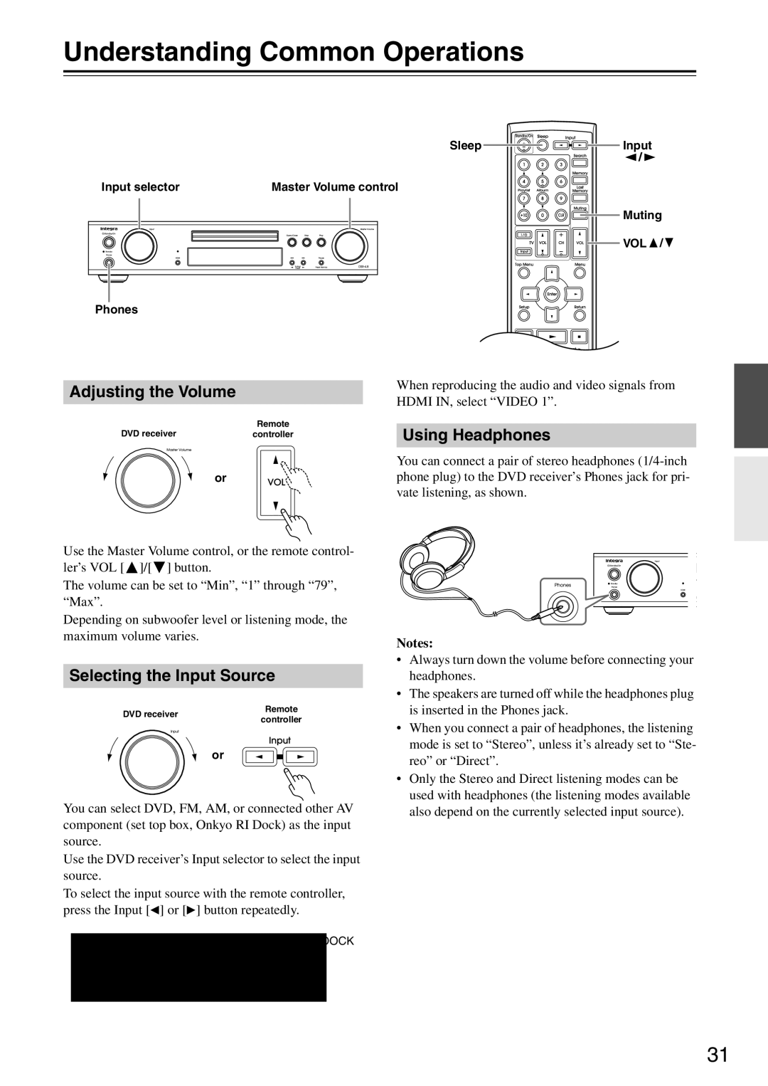 Integra DSR-4.8 Understanding Common Operations, Adjusting the Volume, Selecting the Input Source, Using Headphones 