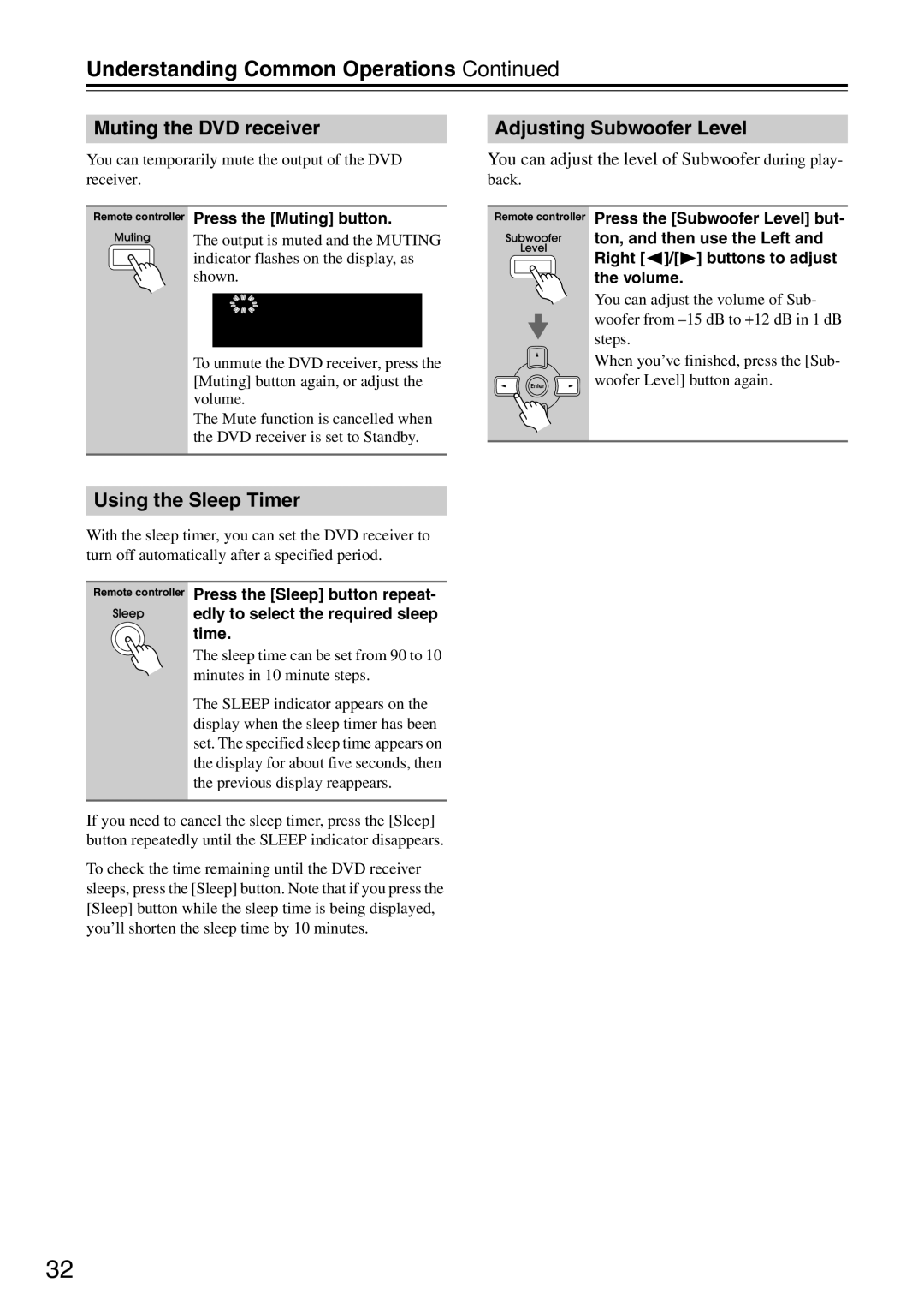 Integra DSR-4.8 Understanding Common Operations, Muting the DVD receiver, Using the Sleep Timer, Adjusting Subwoofer Level 