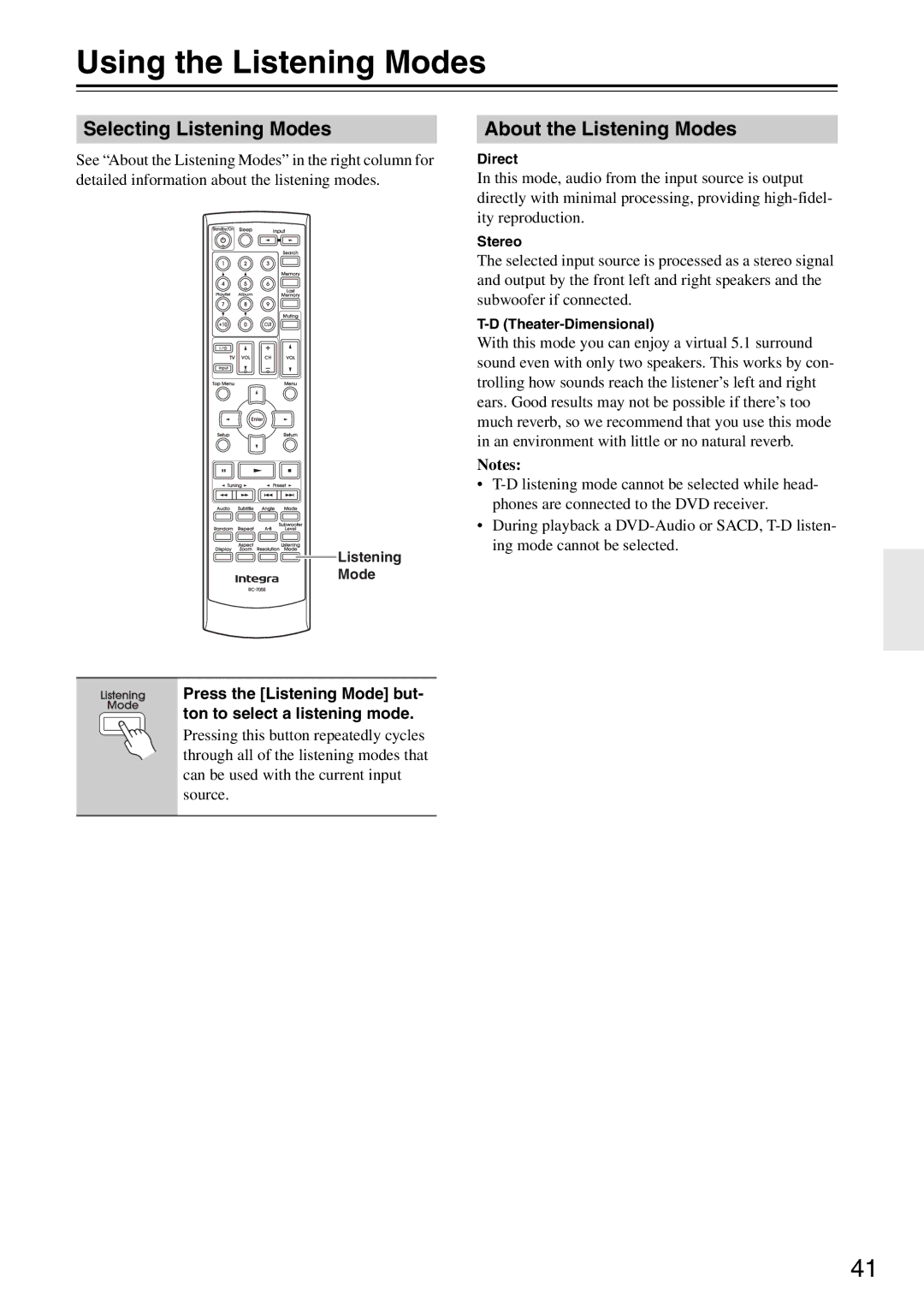 Integra DSR-4.8 instruction manual Using the Listening Modes, Selecting Listening Modes, About the Listening Modes 