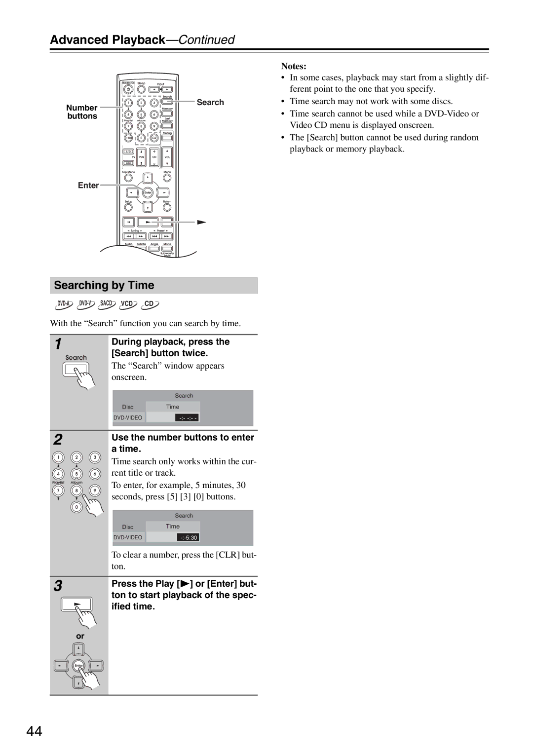 Integra DSR-4.8 instruction manual Advanced Playback, Searching by Time, During playback, press the Search button twice 