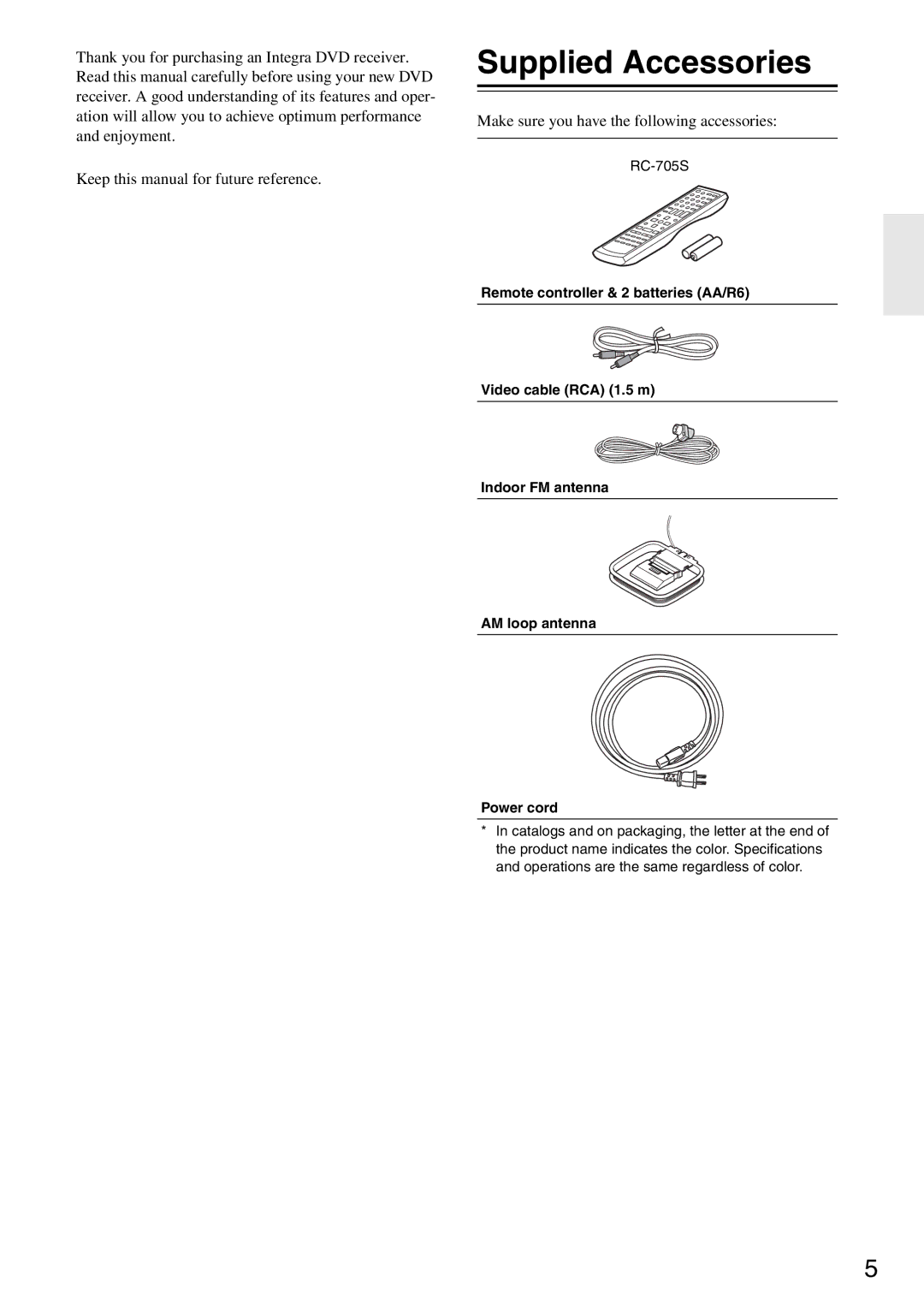 Integra DSR-4.8 instruction manual Supplied Accessories, Make sure you have the following accessories 