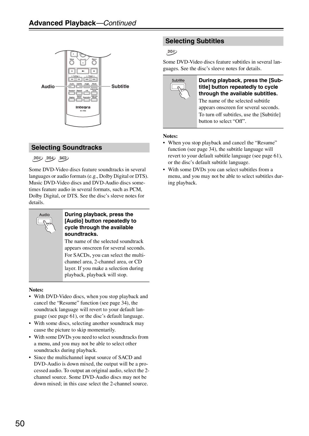 Integra DSR-4.8 instruction manual Selecting Soundtracks, Selecting Subtitles 