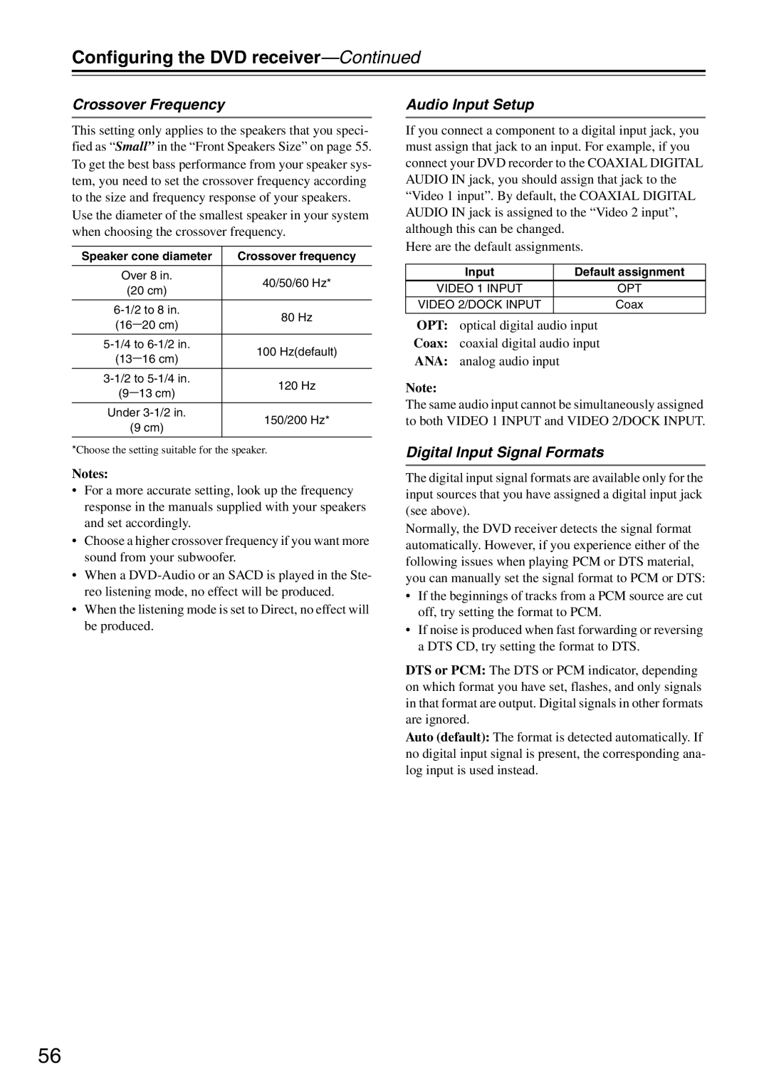 Integra DSR-4.8 Crossover Frequency, Audio Input Setup, Digital Input Signal Formats, Crossover frequency 