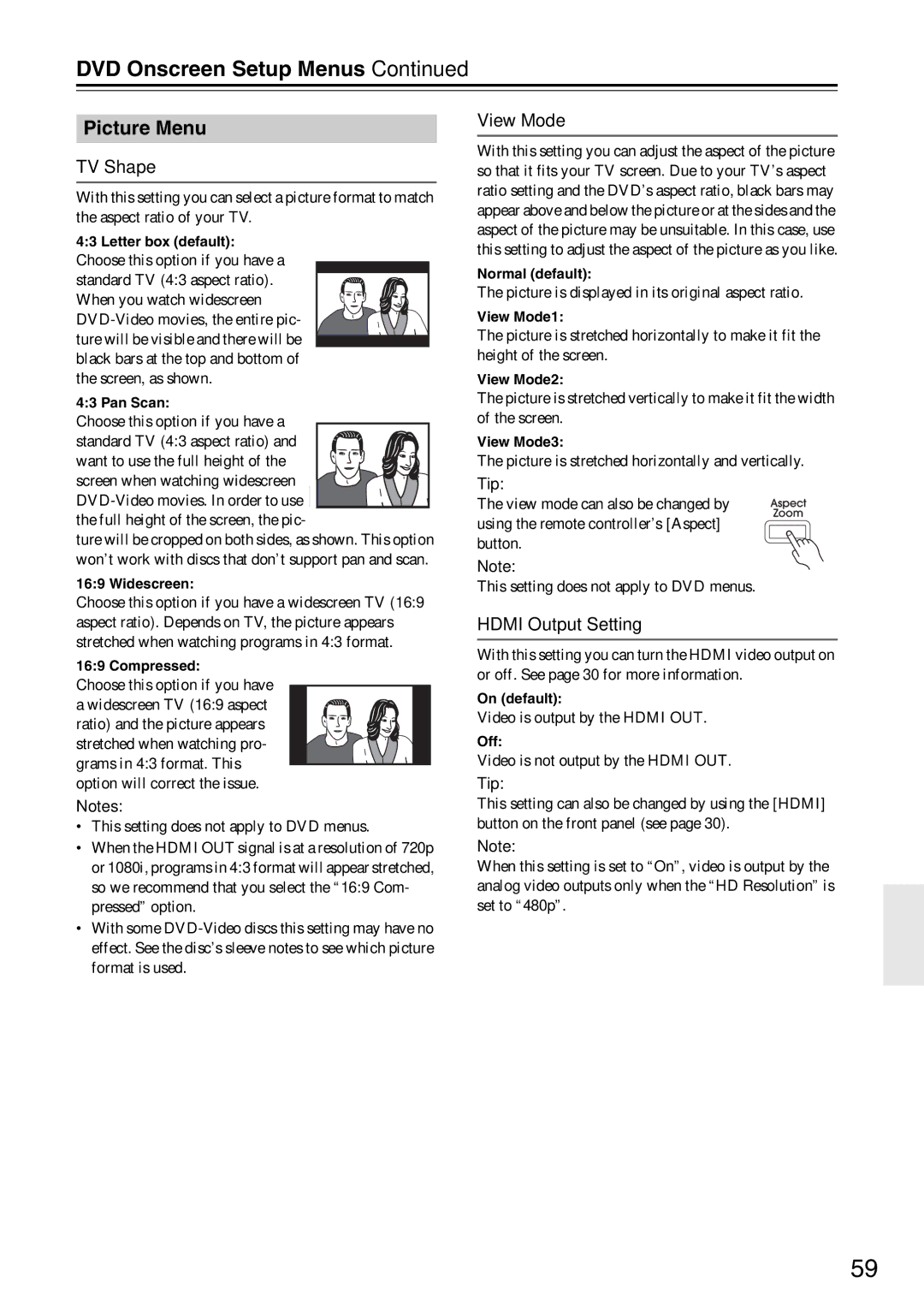 Integra DSR-4.8 instruction manual Picture Menu, TV Shape, View Mode, Hdmi Output Setting 