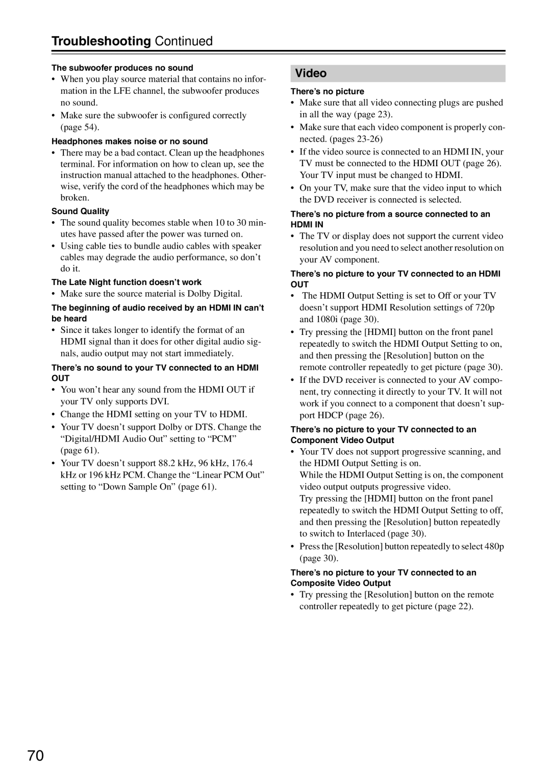 Integra DSR-4.8 instruction manual Troubleshooting, Video, Make sure the source material is Dolby Digital 