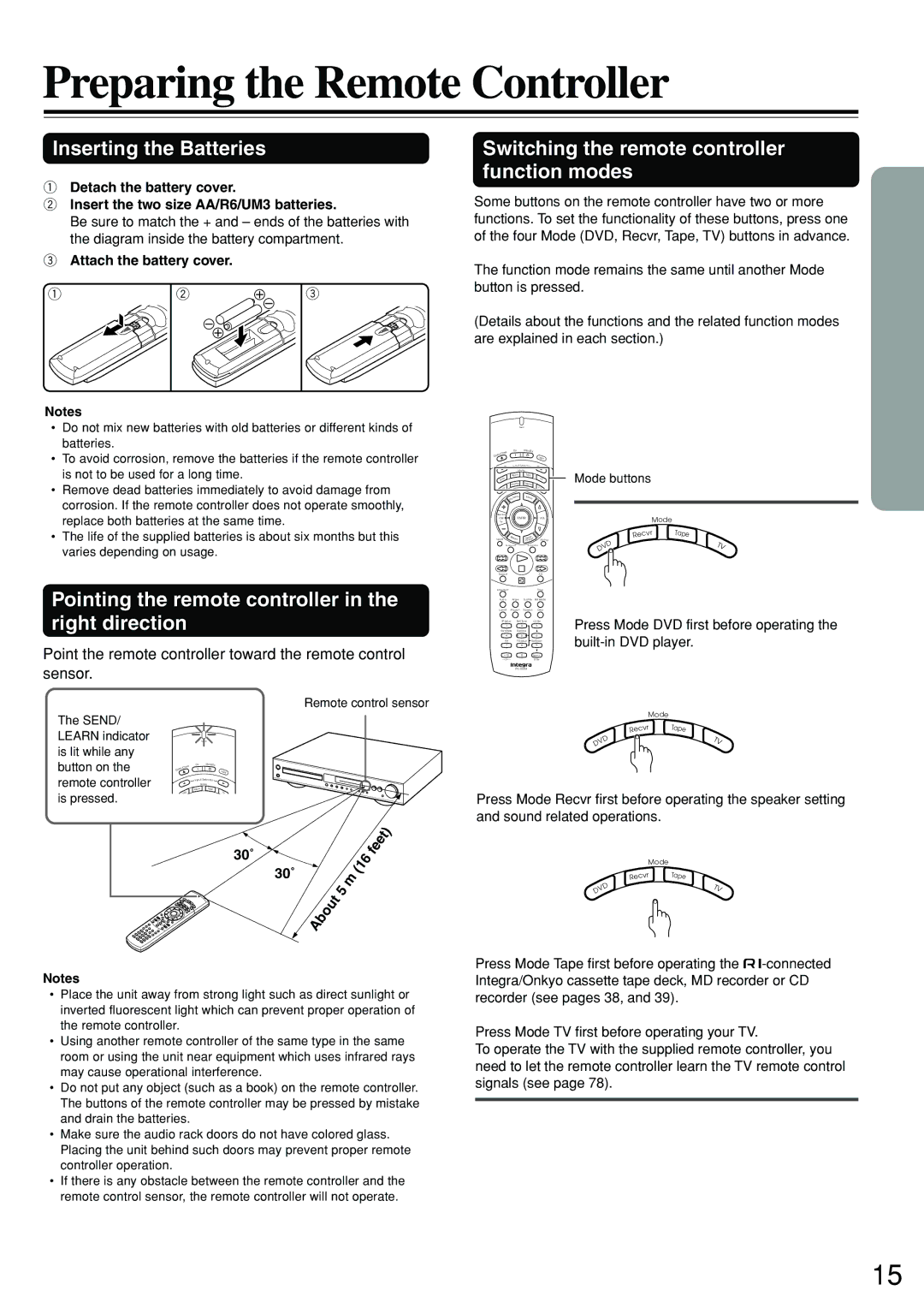 Integra DSR-7.3 Preparing the Remote Controller, Inserting the Batteries, Switching the remote controller function modes 