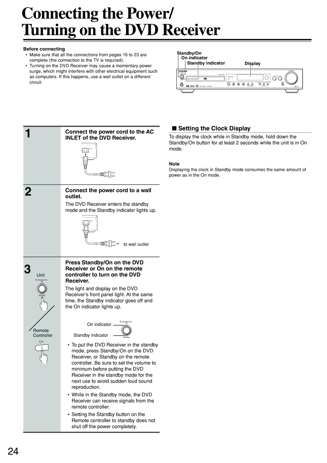 Integra DSR-7.3 instruction manual Setting the Clock Display 