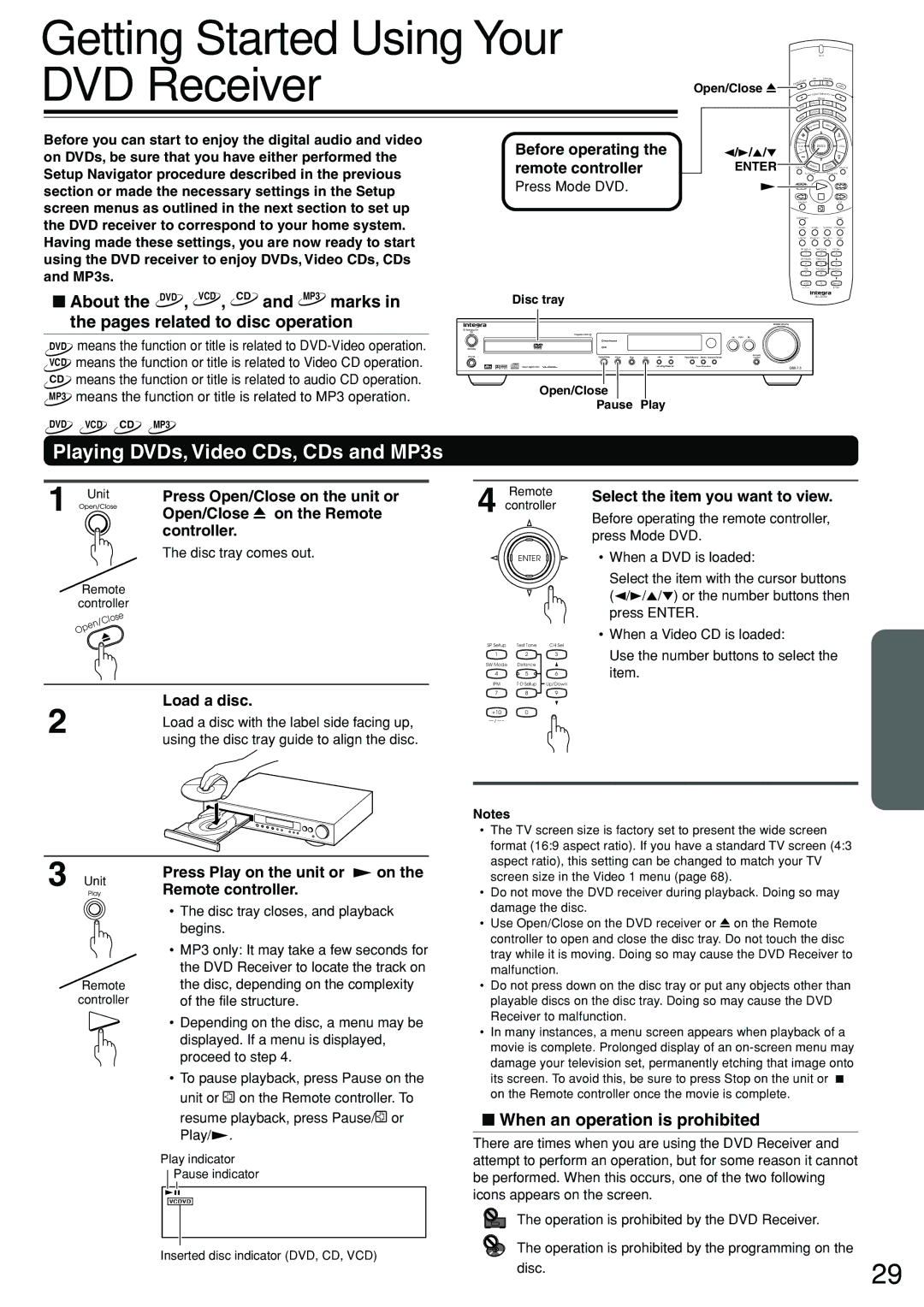 Integra DSR-7.3 instruction manual Getting Started Using Your DVD Receiver, Playing DVDs, Video CDs, CDs and MP3s 