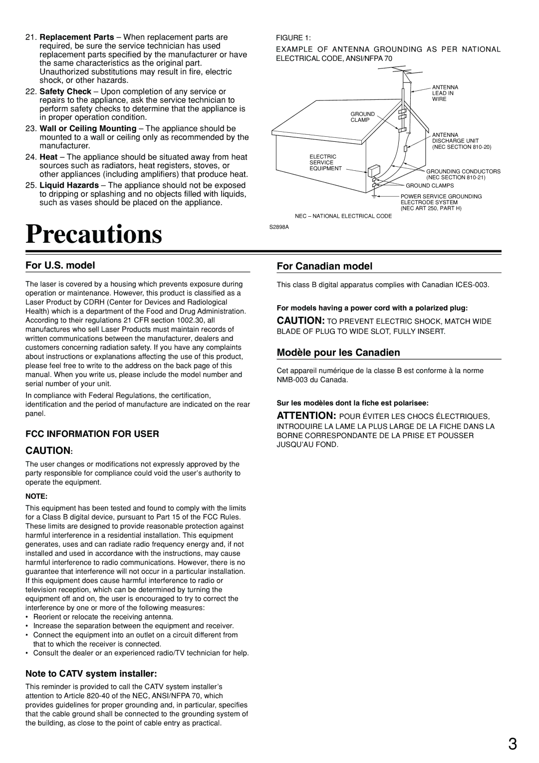 Integra DSR-7.3 instruction manual Precautions, For U.S. model, For Canadian model, Modèle pour les Canadien 