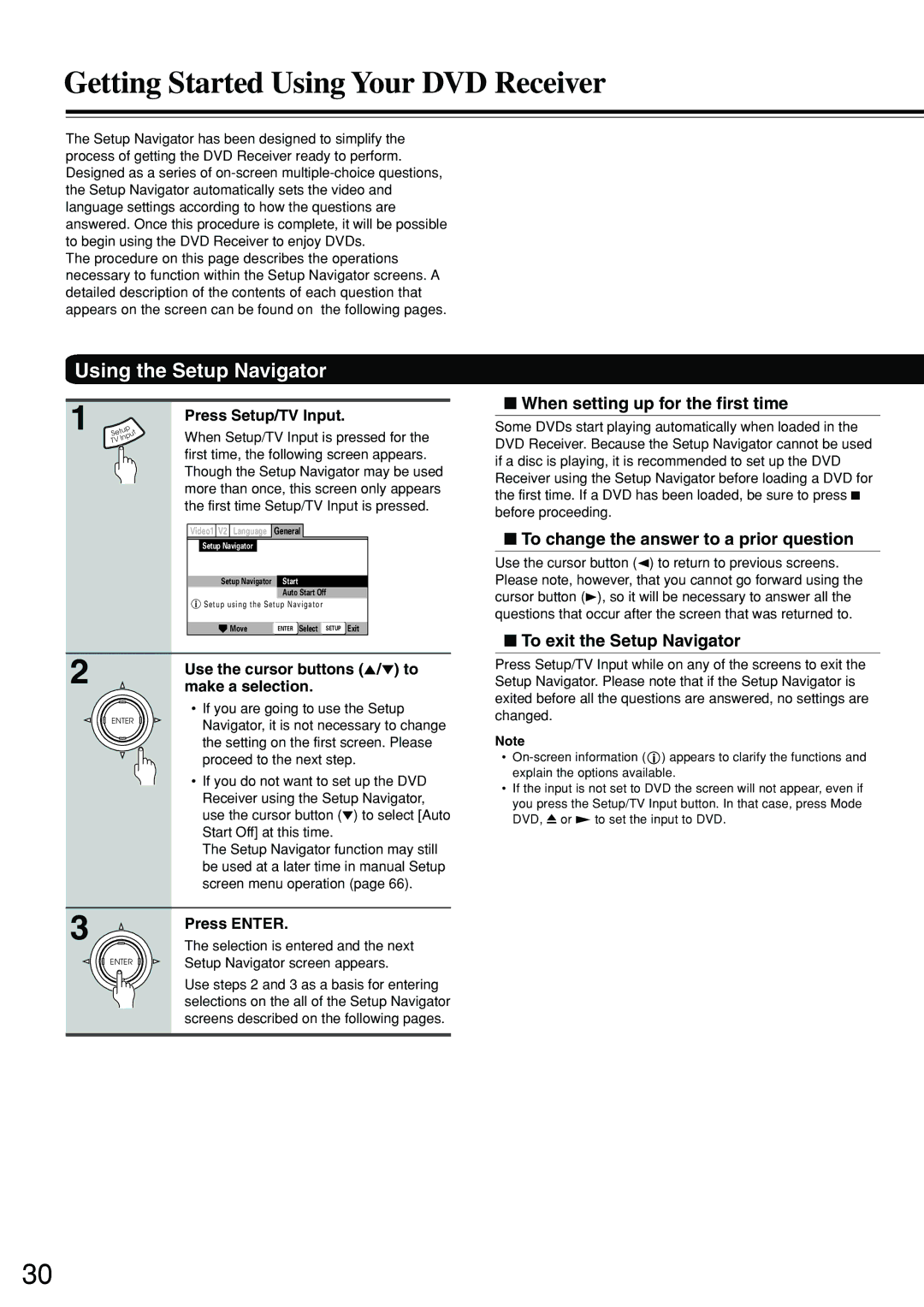 Integra DSR-7.3 Getting Started Using Your DVD Receiver, Using the Setup Navigator, When setting up for the first time 