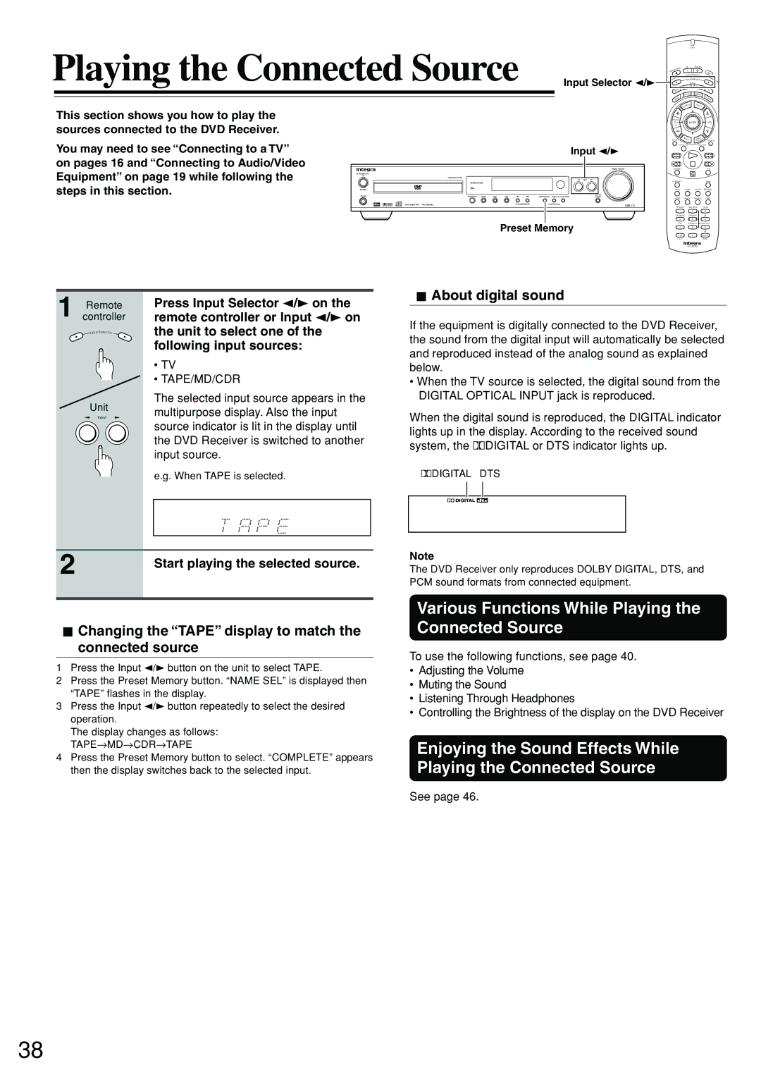 Integra DSR-7.3 instruction manual Various Functions While Playing the Connected Source, About digital sound 