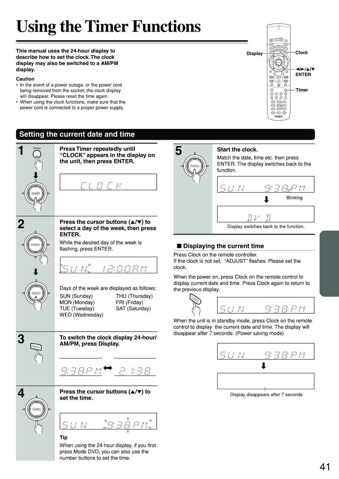 Integra DSR-7.3 Using the Timer Functions, Setting the current date and time, Displaying the current time 