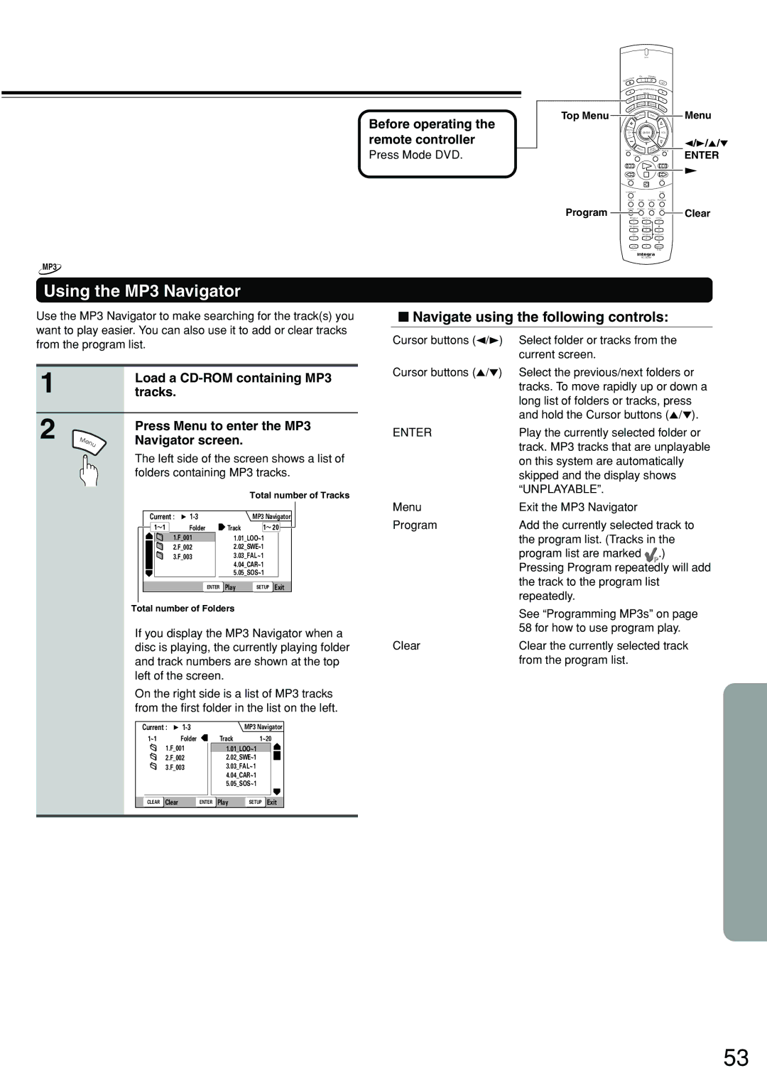 Integra DSR-7.3 instruction manual Using the MP3 Navigator, Navigate using the following controls 