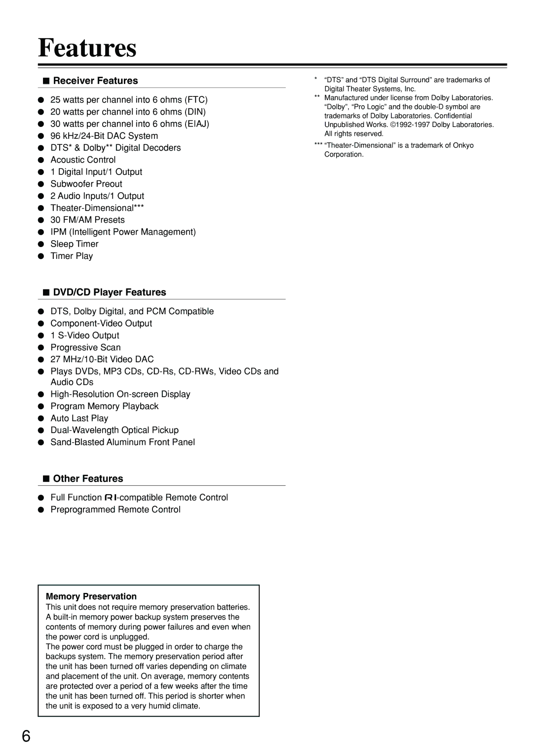 Integra DSR-7.3 instruction manual Receiver Features, DVD/CD Player Features, Other Features, Memory Preservation 