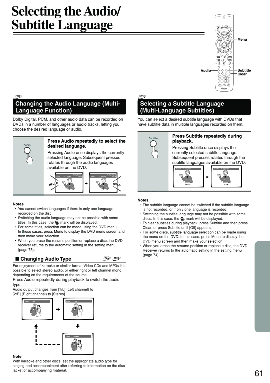 Integra DSR-7.3 instruction manual Changing the Audio Language Multi- Language Function, Changing Audio Type 