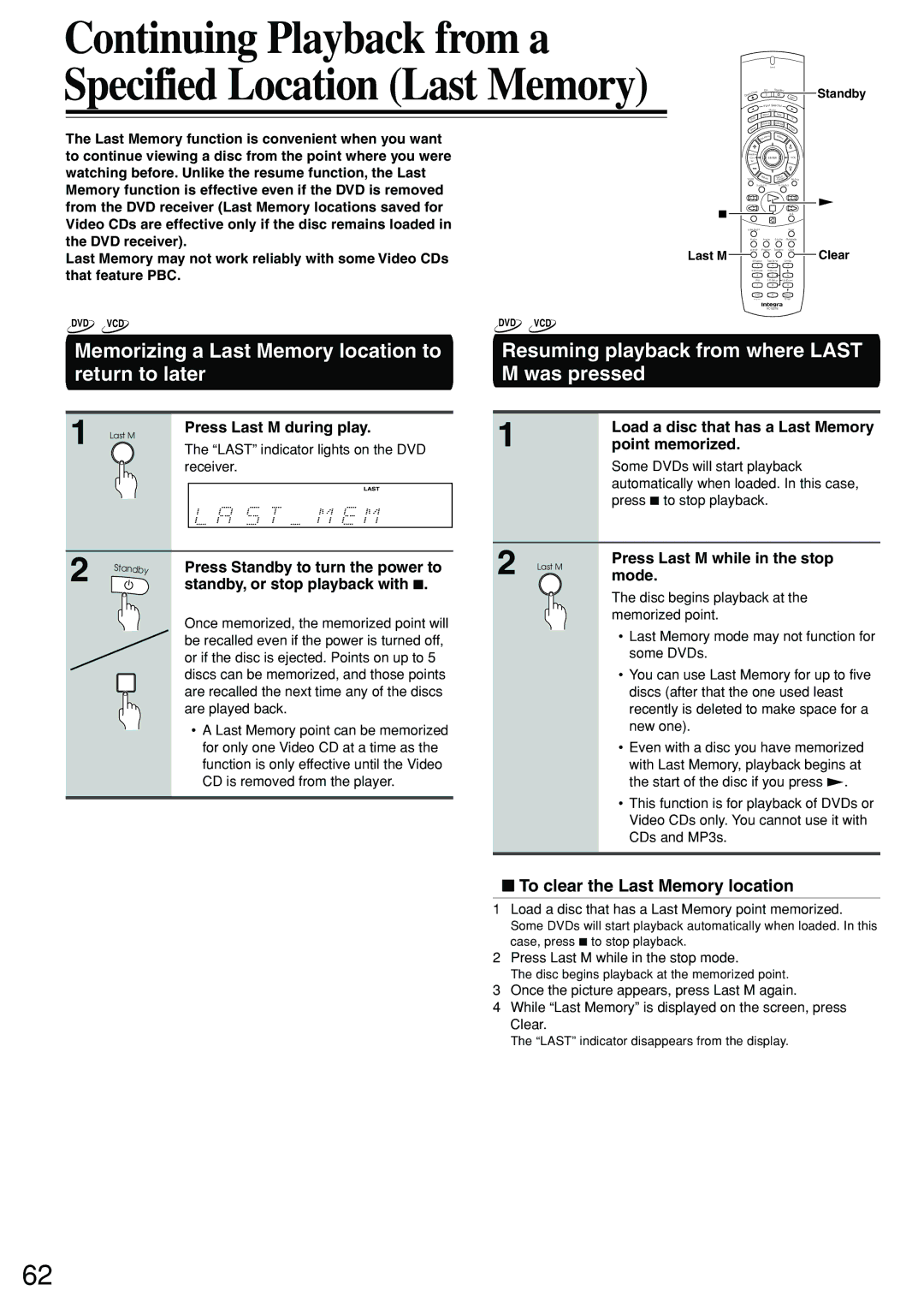 Integra DSR-7.3 Memorizing a Last Memory location to return to later, Resuming playback from where Last M was pressed 