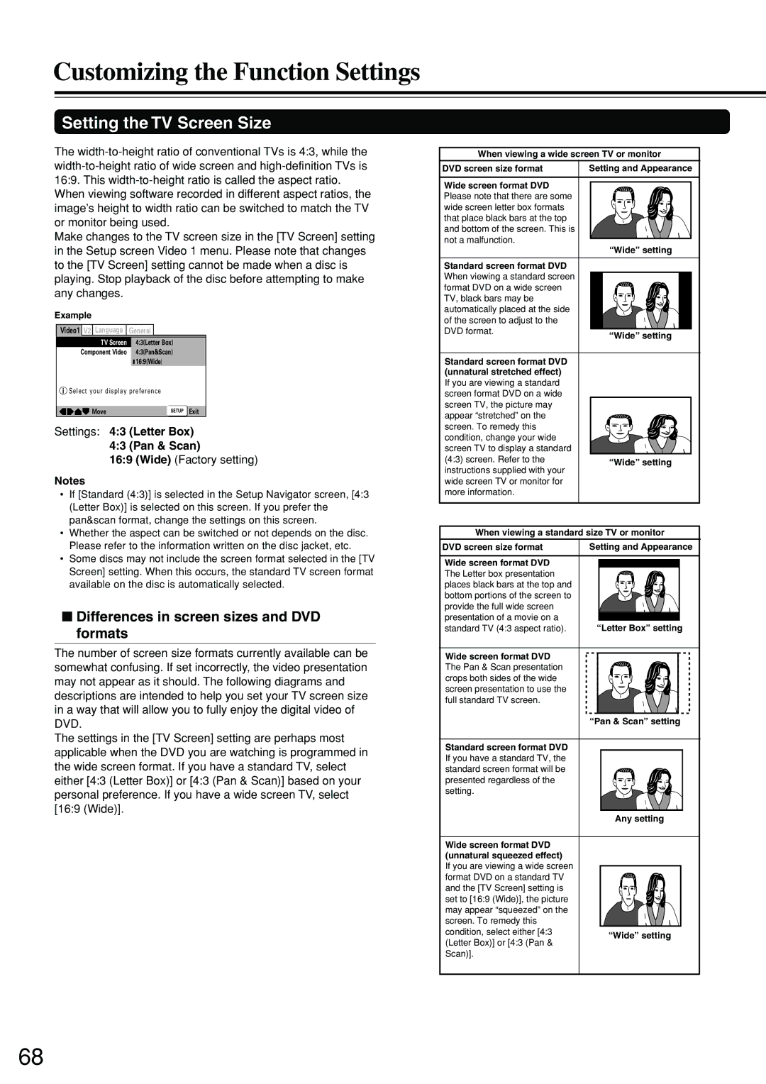 Integra DSR-7.3 Customizing the Function Settings, Setting the TV Screen Size, Differences in screen sizes and DVD formats 