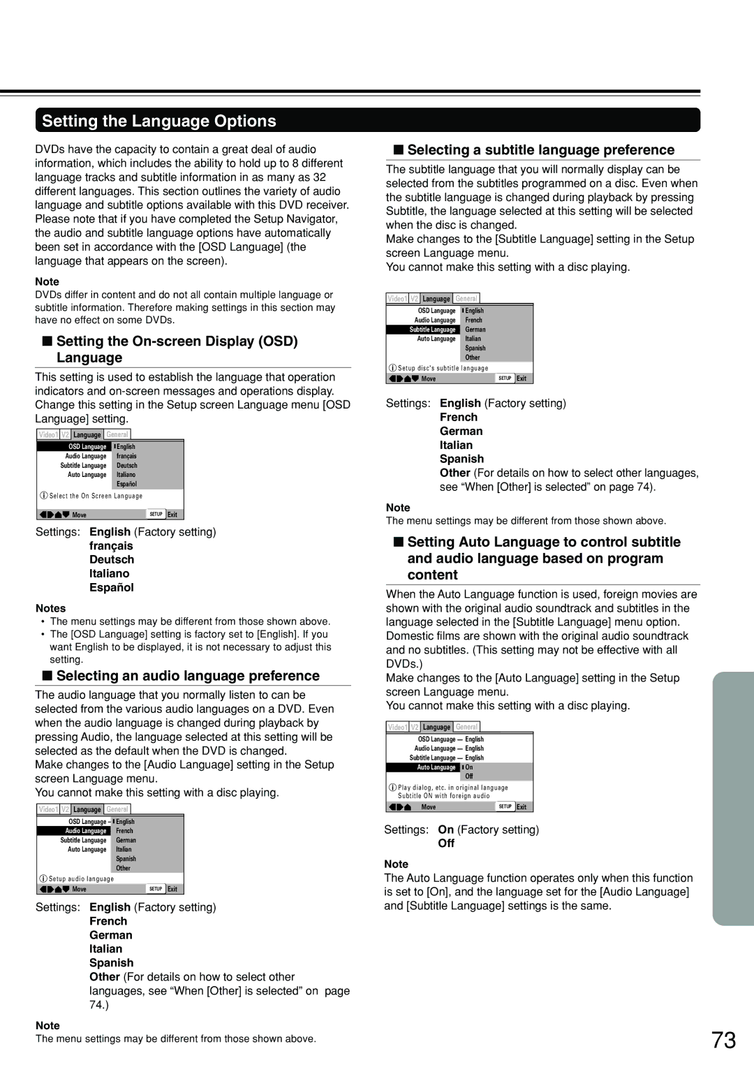 Integra DSR-7.3 instruction manual Setting the Language Options, Setting the On-screen Display OSD Language 