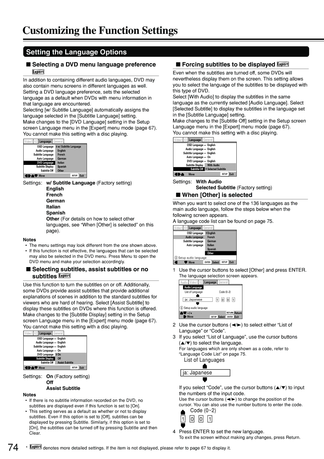 Integra DSR-7.3 Selecting a DVD menu language preference, Forcing subtitles to be displayed Expert, When Other is selected 