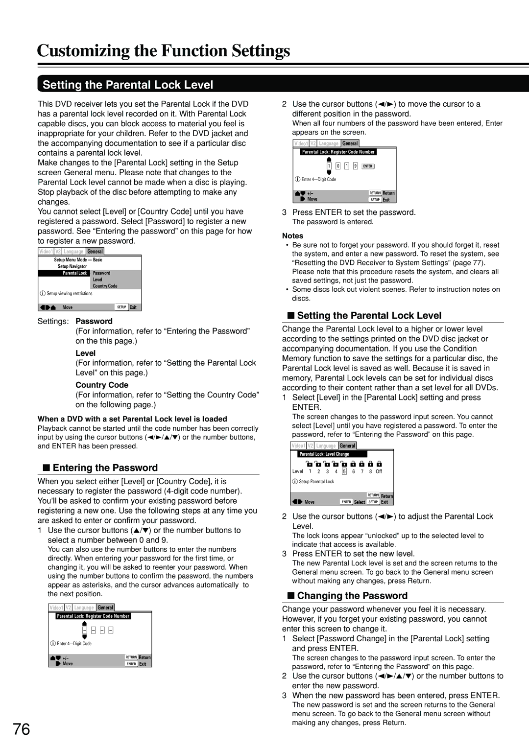 Integra DSR-7.3 instruction manual Setting the Parental Lock Level, Entering the Password, Changing the Password 