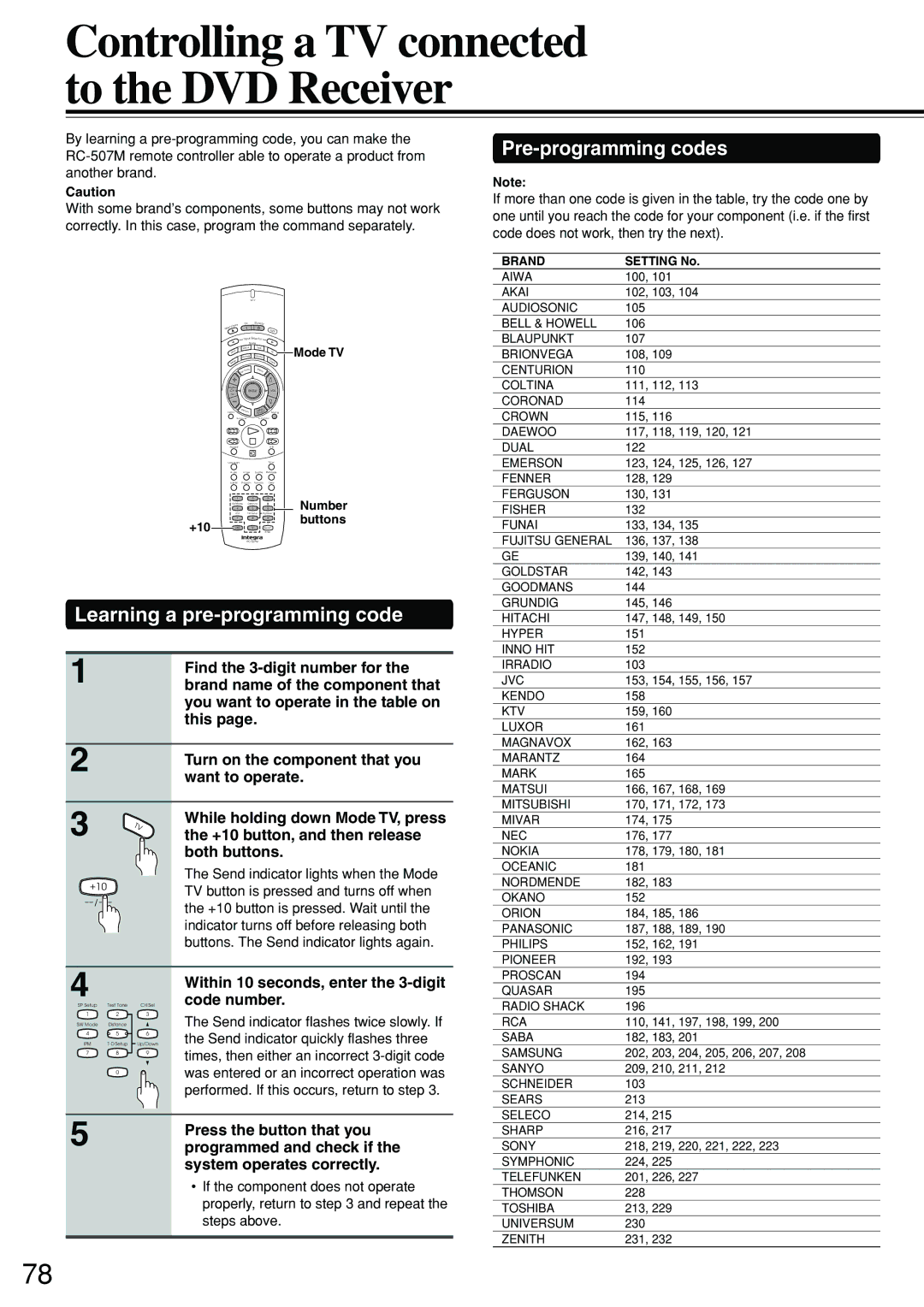 Integra DSR-7.3 instruction manual Learning a pre-programming code, Pre-programming codes 