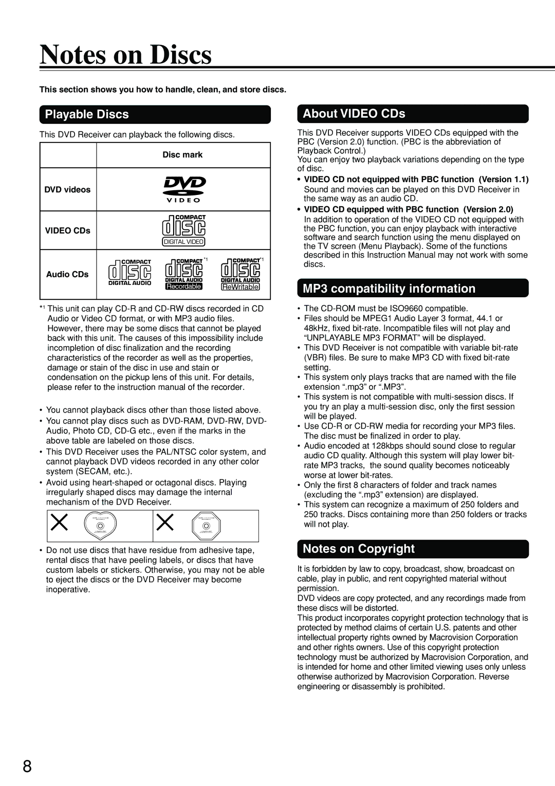 Integra DSR-7.3 Playable Discs, About Video CDs, MP3 compatibility information, Disc mark DVD videos Video CDs Audio CDs 