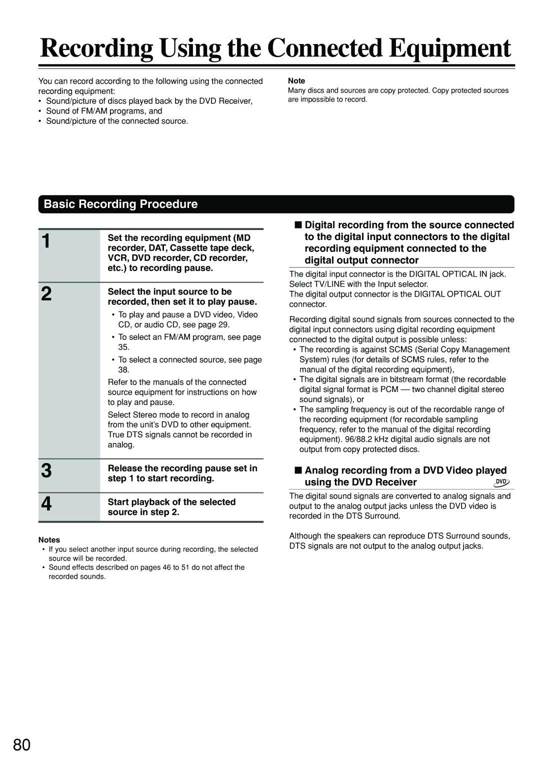 Integra DSR-7.3 instruction manual Recording Using the Connected Equipment, Basic Recording Procedure 