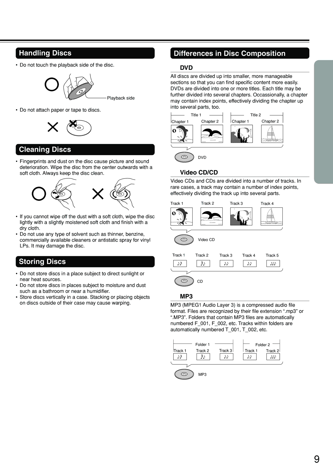 Integra DSR-7.3 instruction manual Handling Discs, Differences in Disc Composition, Cleaning Discs, Storing Discs 