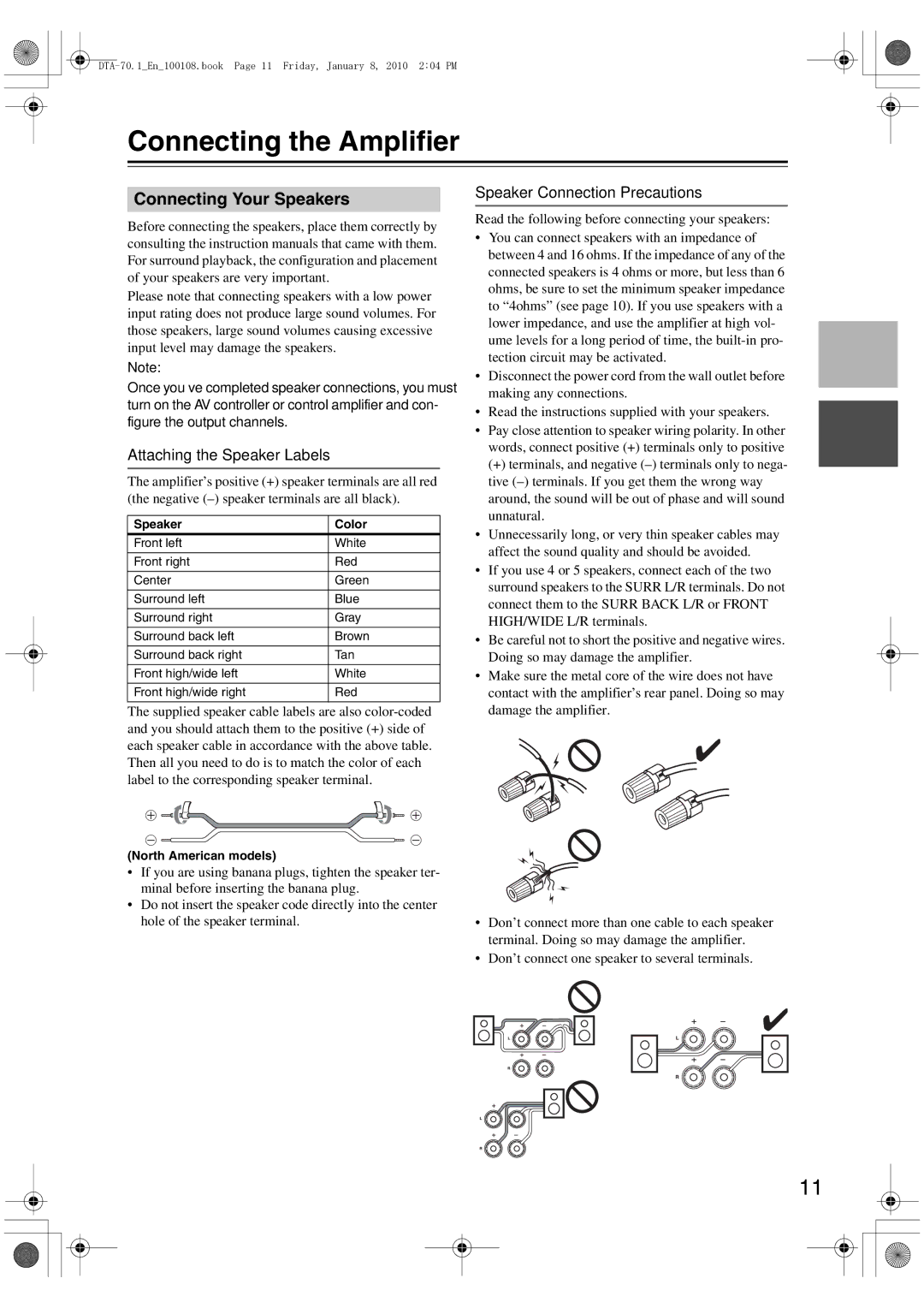 Integra DTA-70.1 Connecting the Amplifier, Connecting Your Speakers, Speaker Color, North American models 