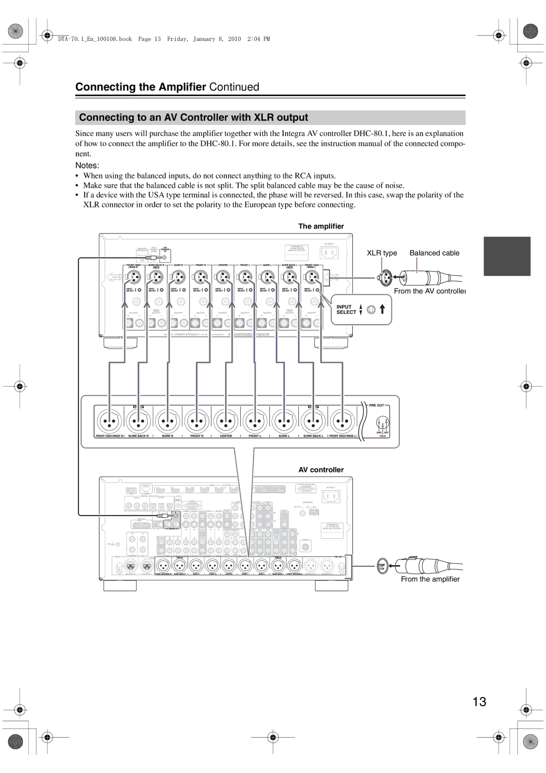 Integra DTA-70.1 instruction manual Connecting to an AV Controller with XLR output, Amplifier, AV controller 