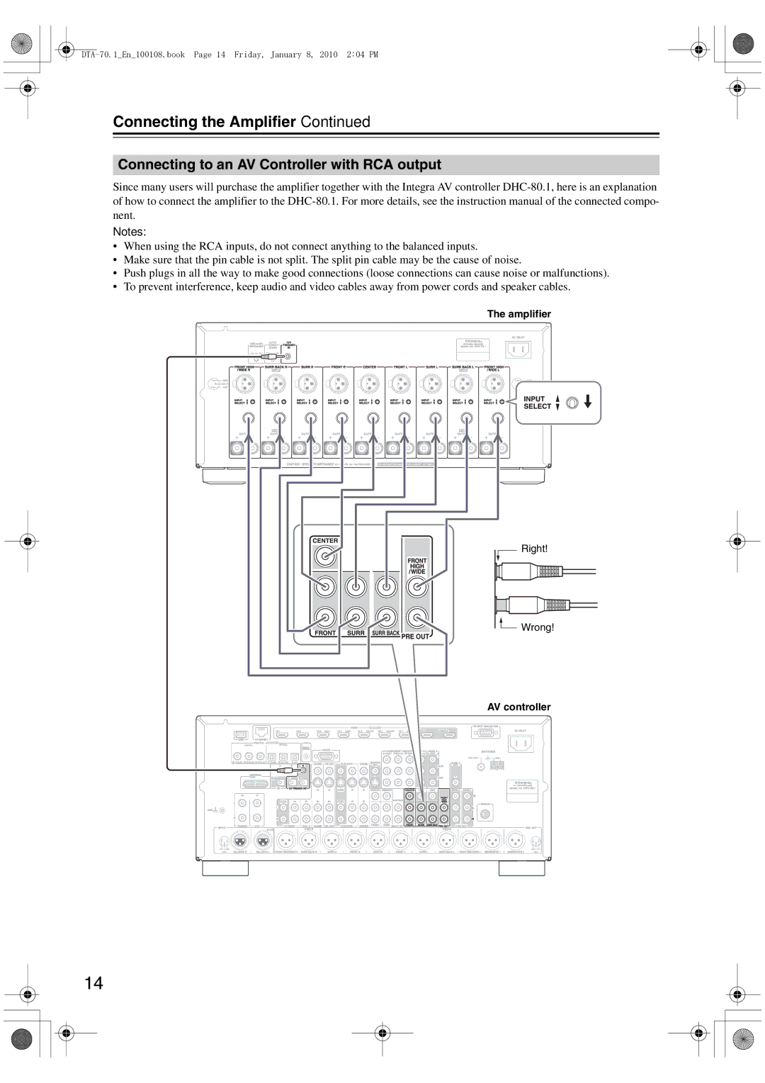 Integra DTA-70.1 instruction manual Connecting to an AV Controller with RCA output 