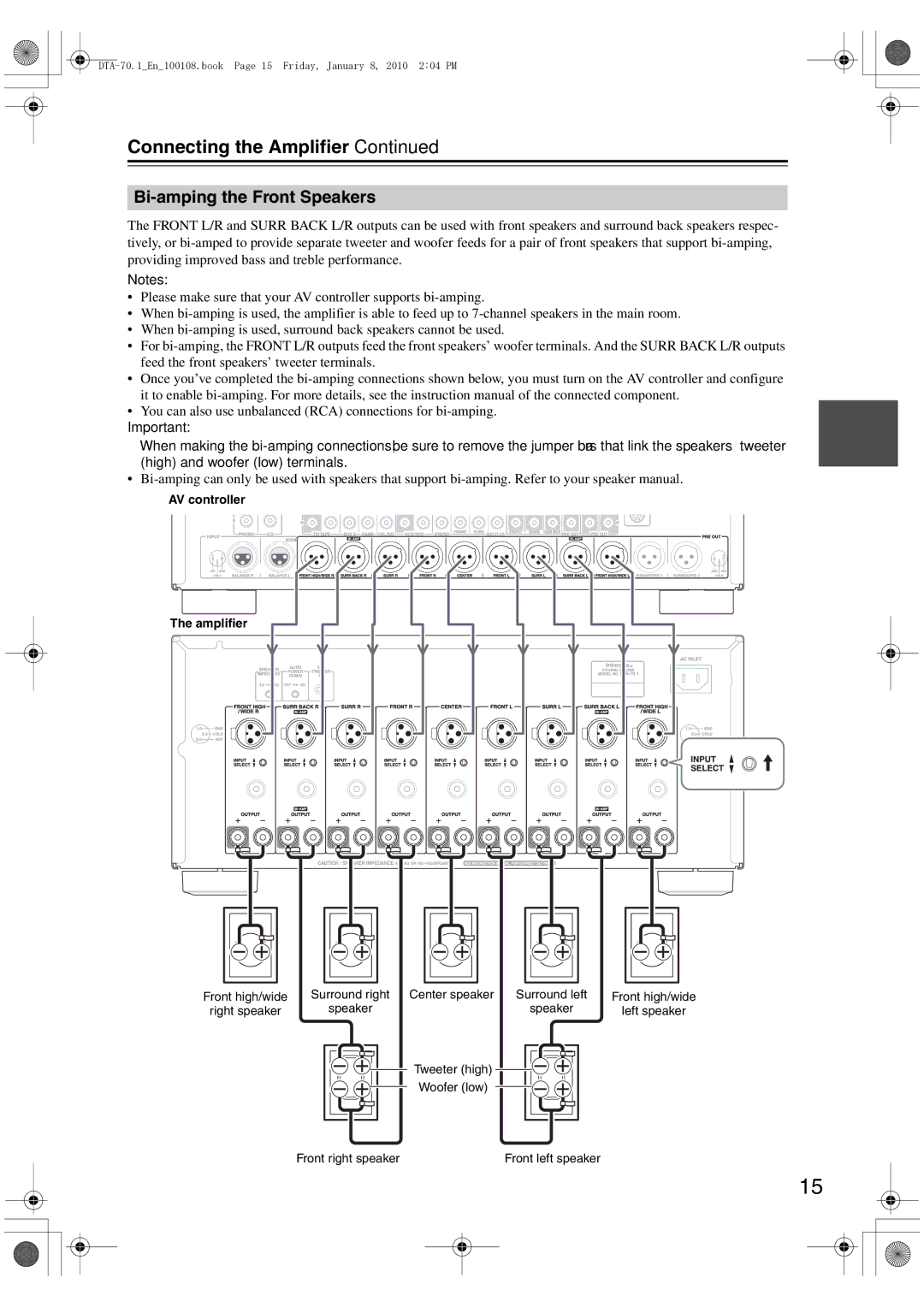 Integra DTA-70.1 instruction manual Bi-amping the Front Speakers, AV controller Amplifier 