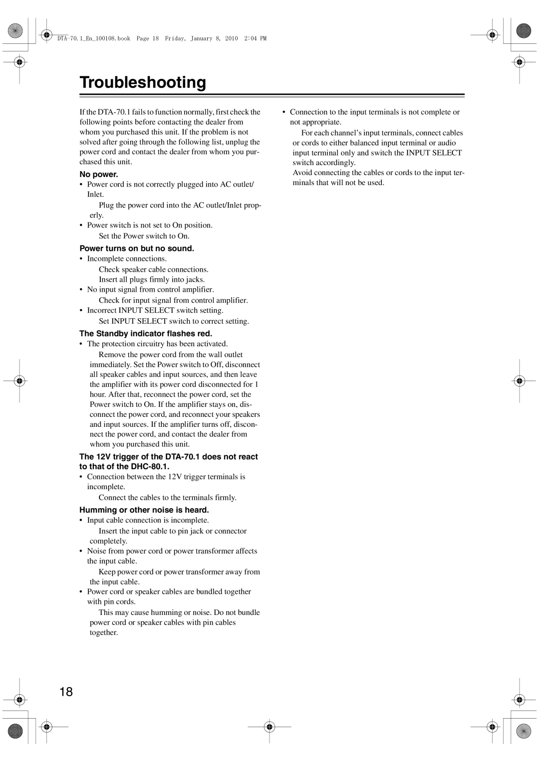 Integra DTA-70.1 instruction manual Troubleshooting, No power, Power turns on but no sound, Standby indicator flashes red 